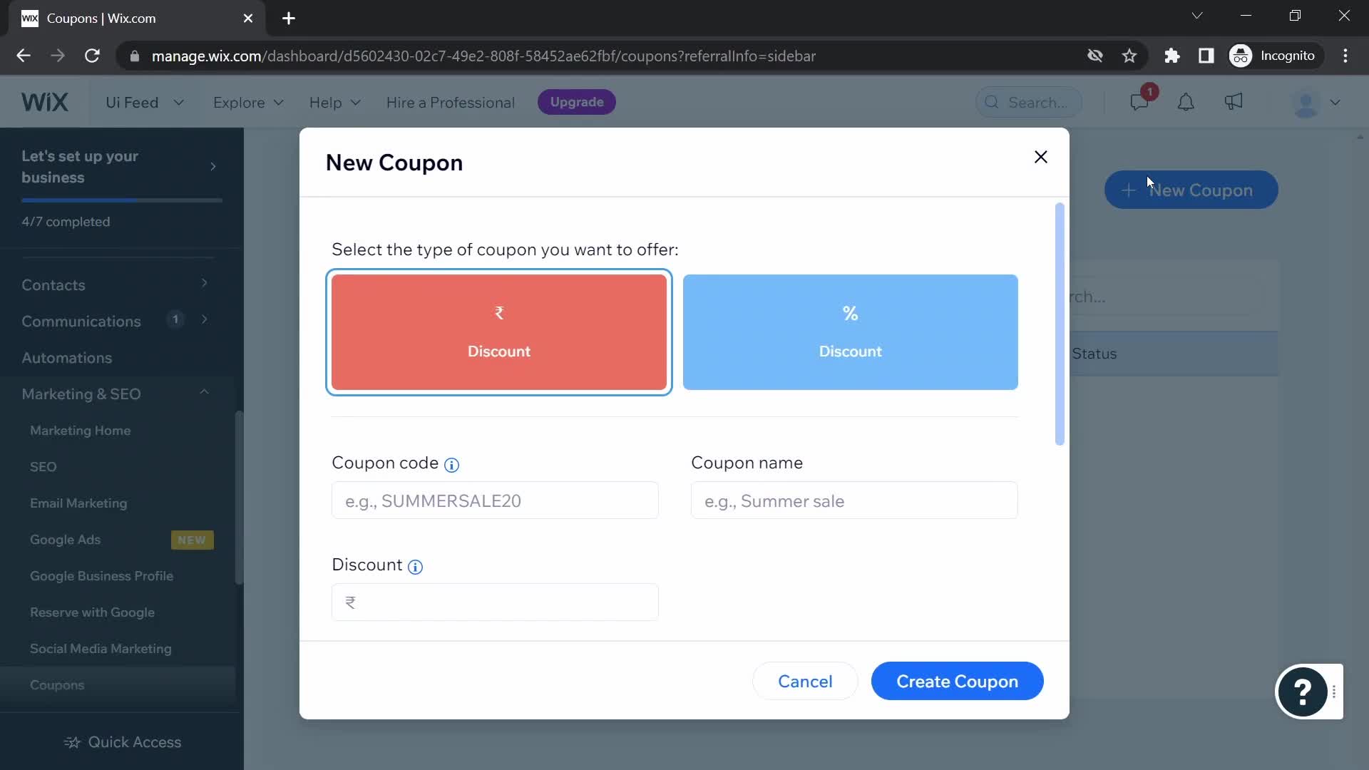 Screenshot of Create coupon on Creating a discount code on Wix user flow