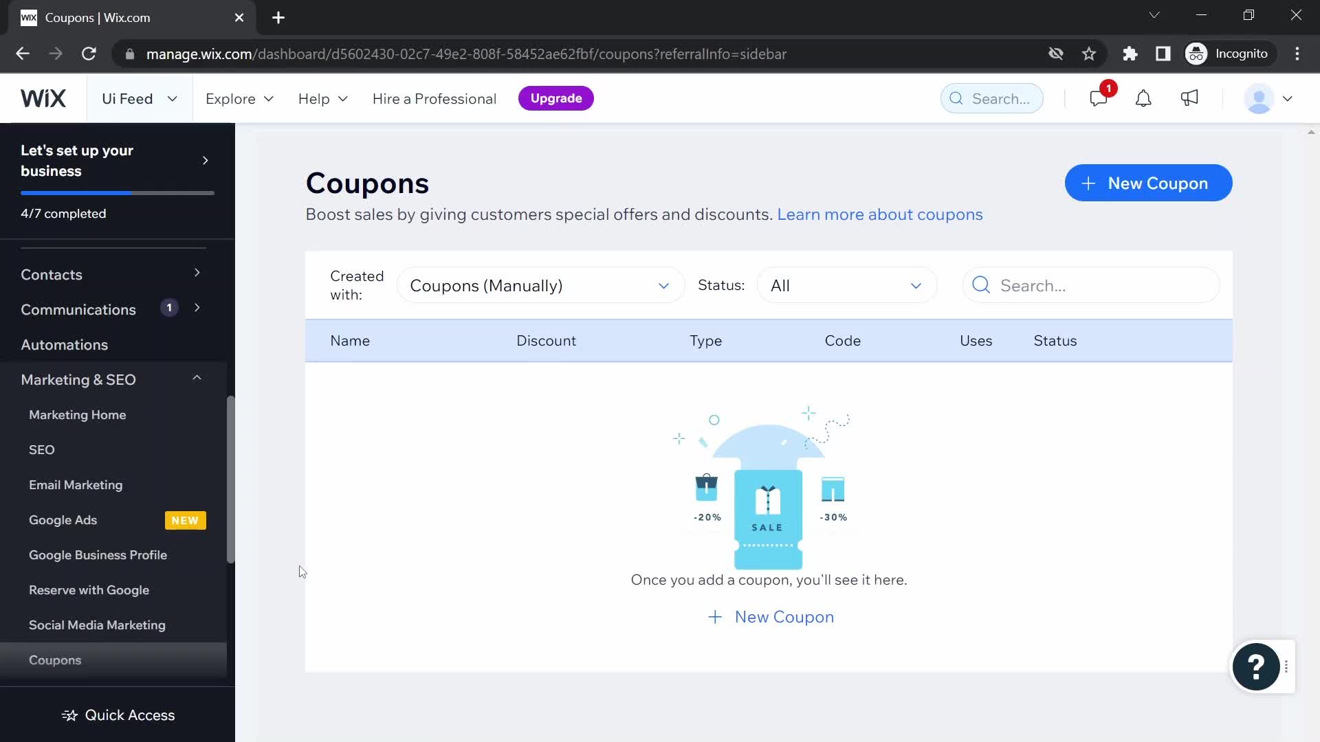Screenshot of Coupons on Creating a discount code on Wix user flow