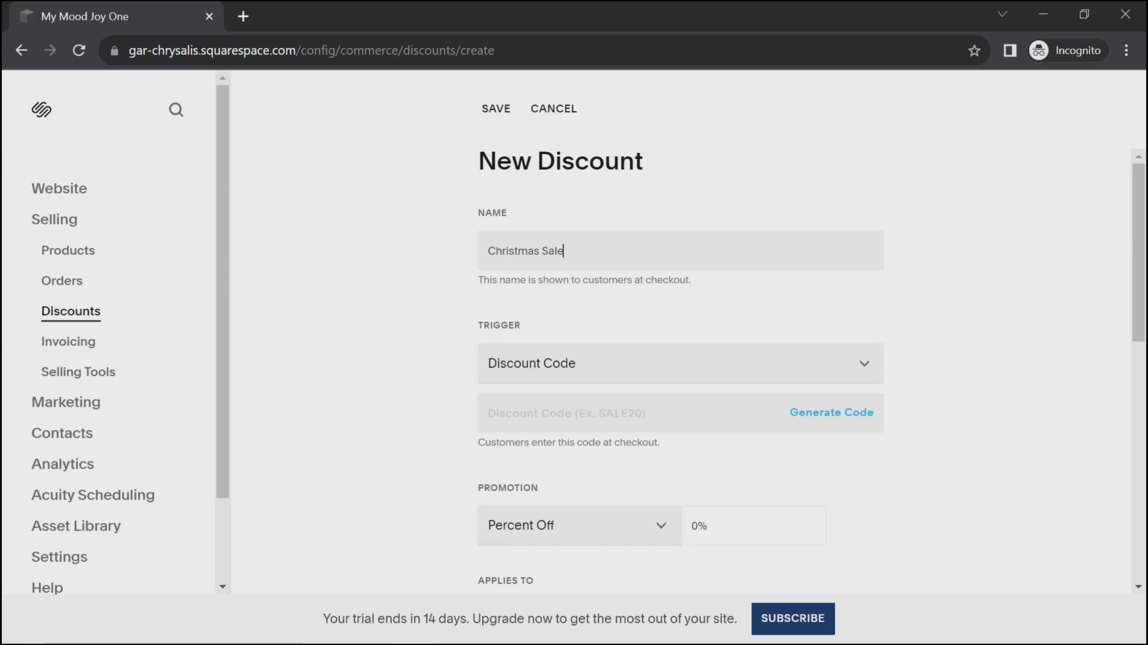 Creating a discount code screenshot