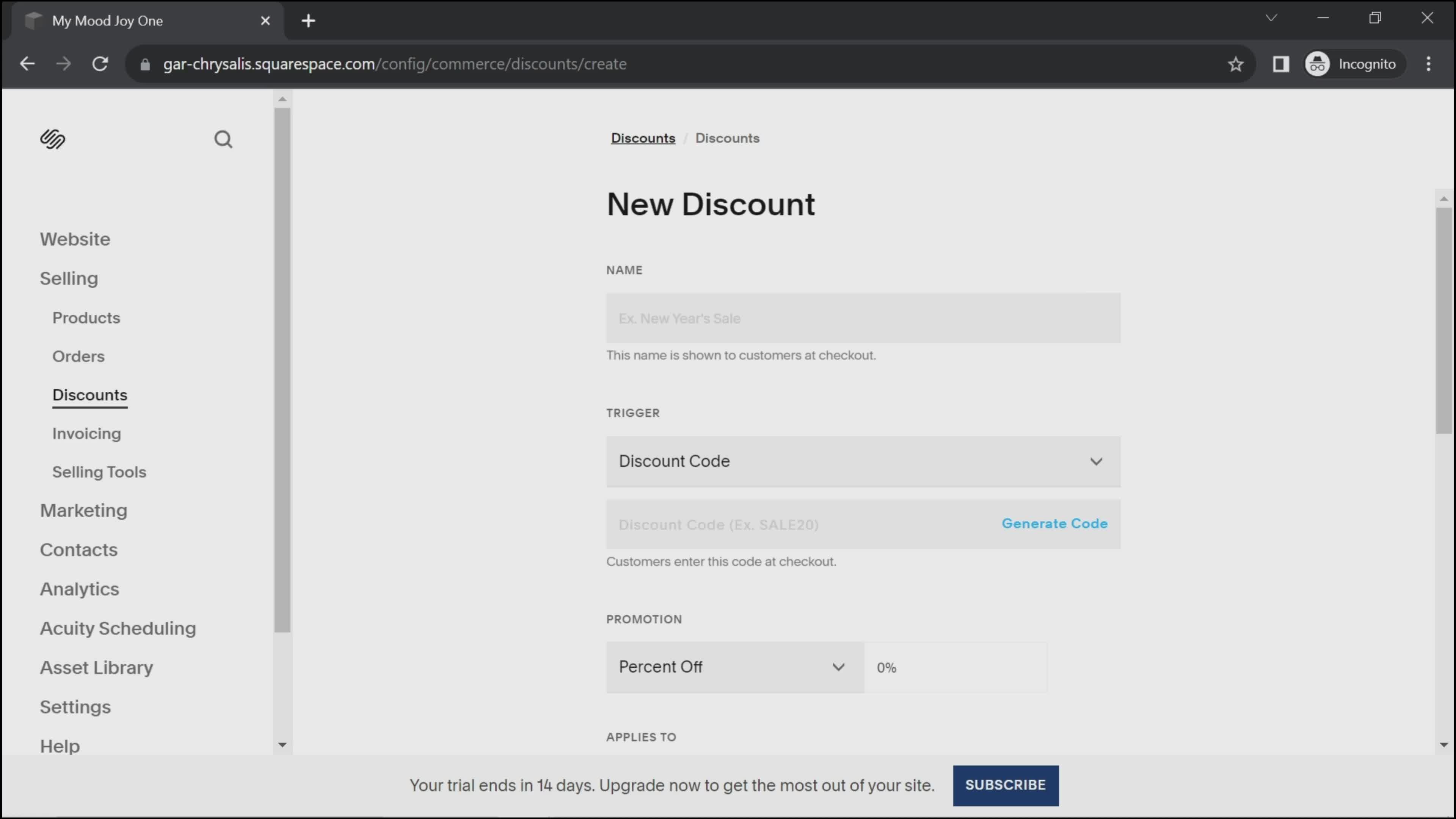 Creating a discount code screenshot