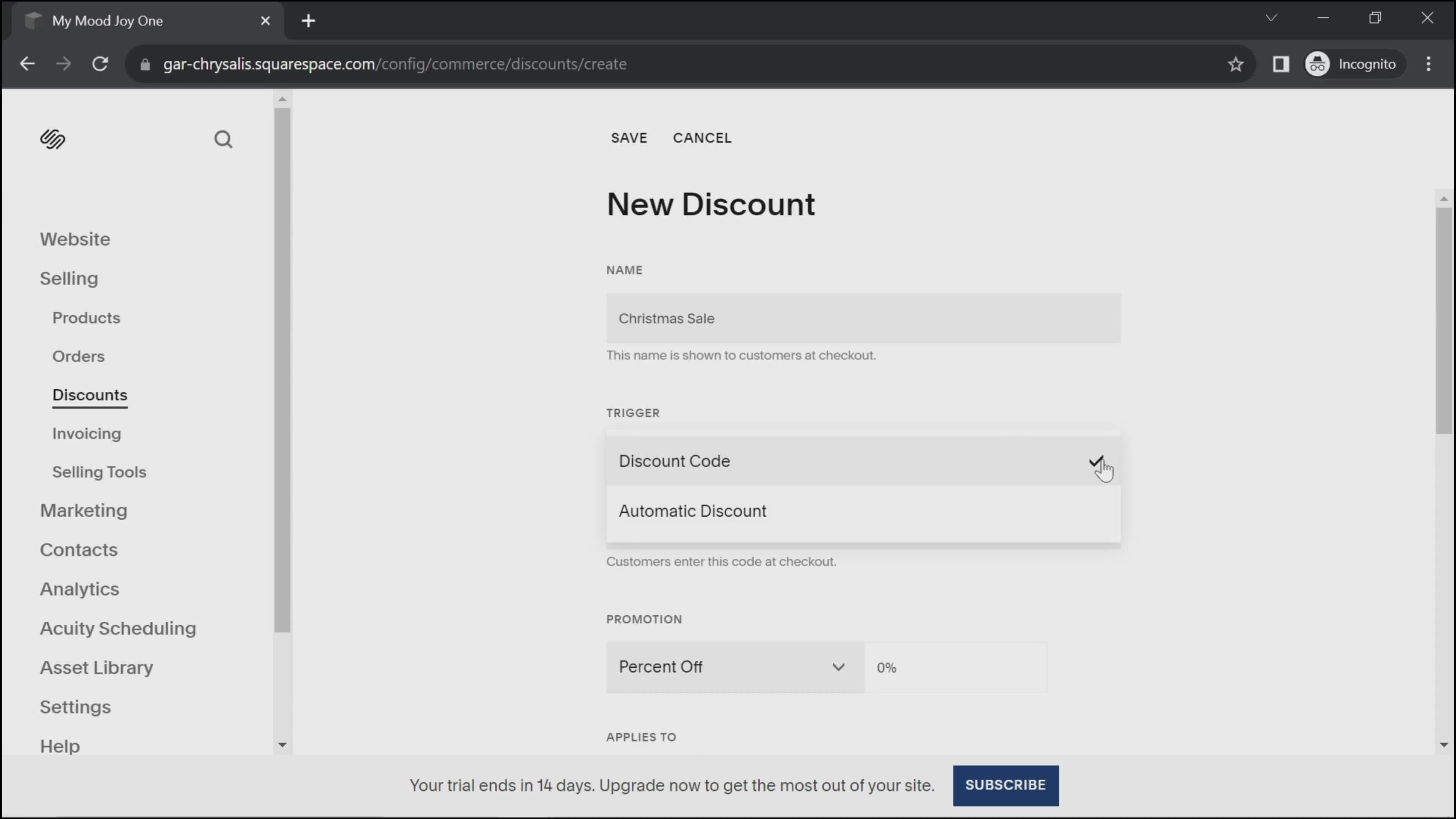 Creating a discount code screenshot