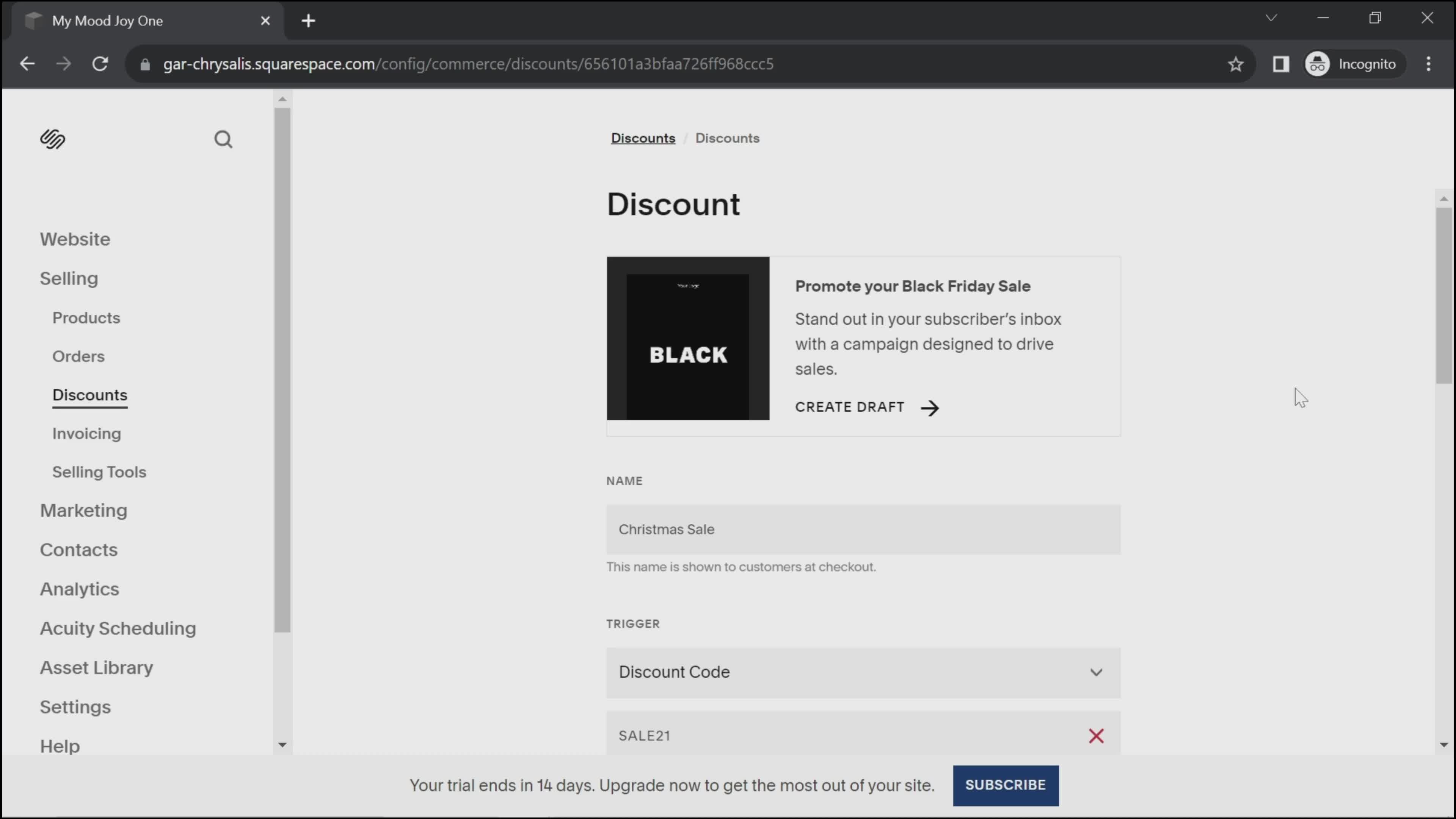 Creating a discount code screenshot