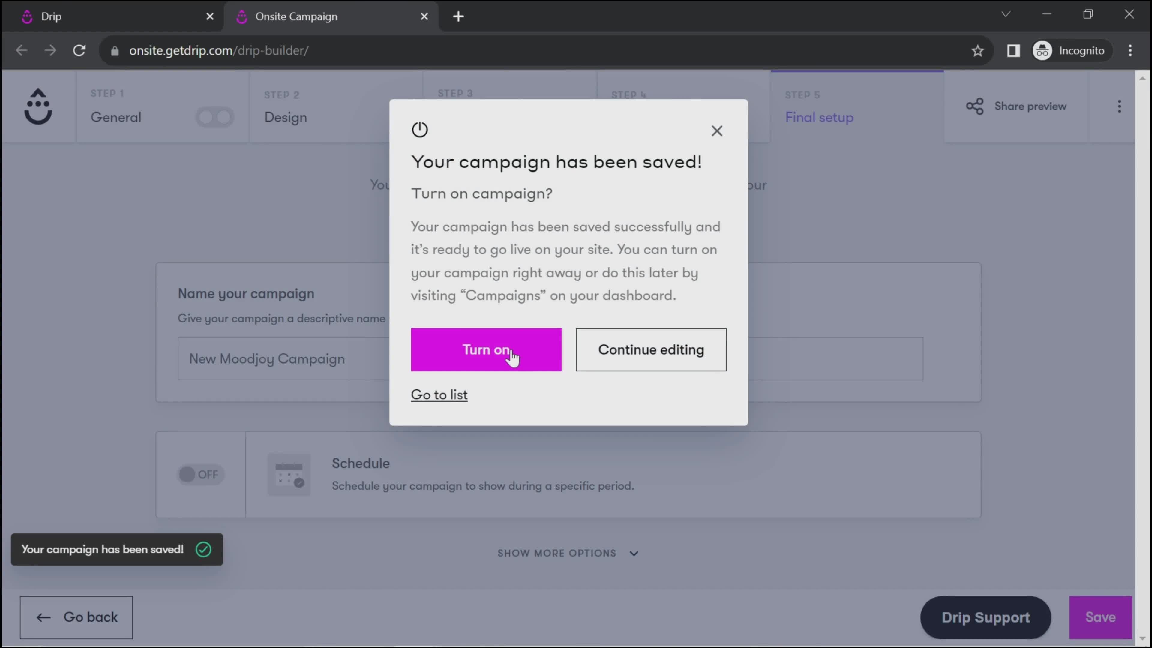 Creating a drip campaign screenshot