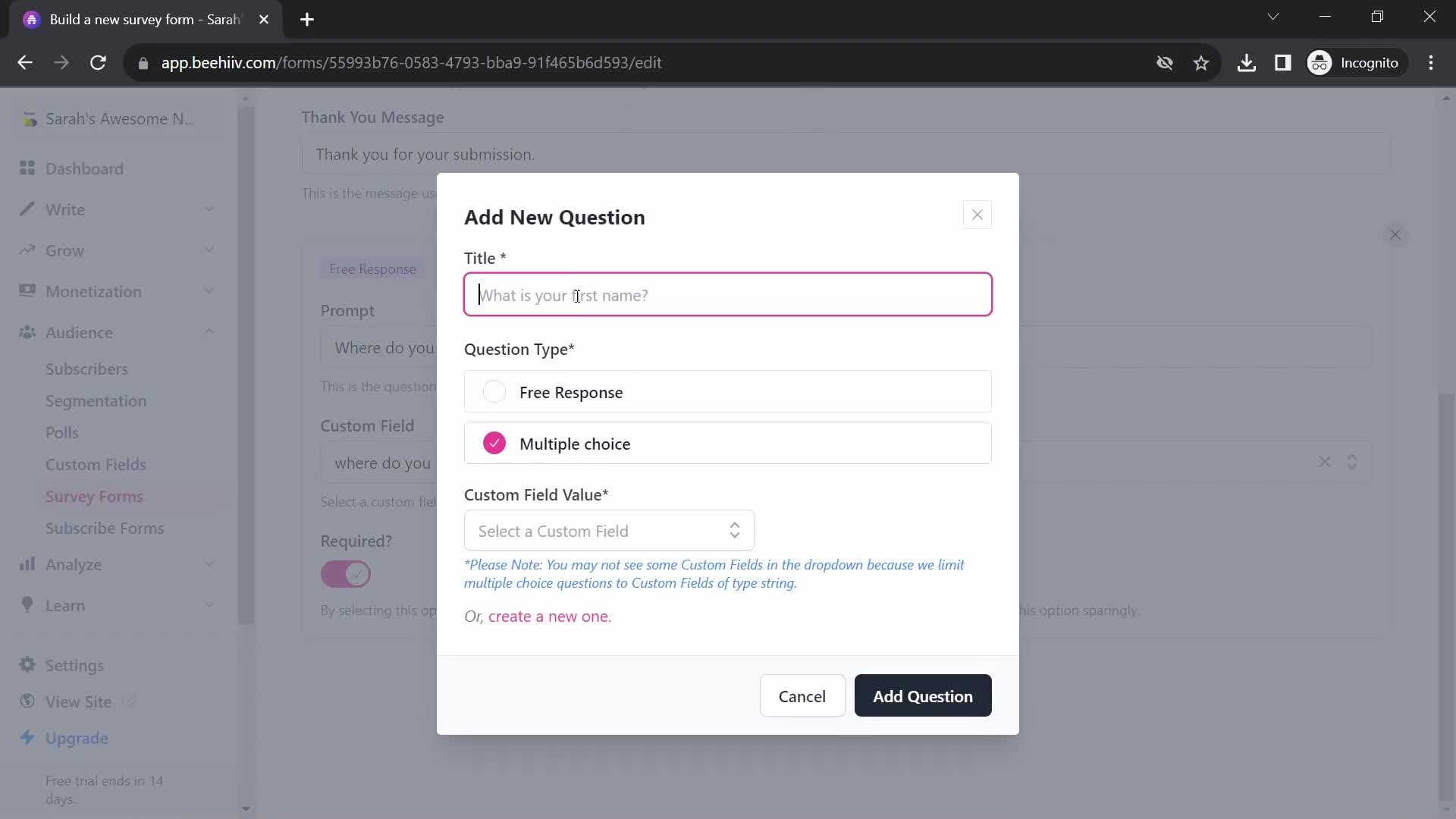 Creating a form screenshot