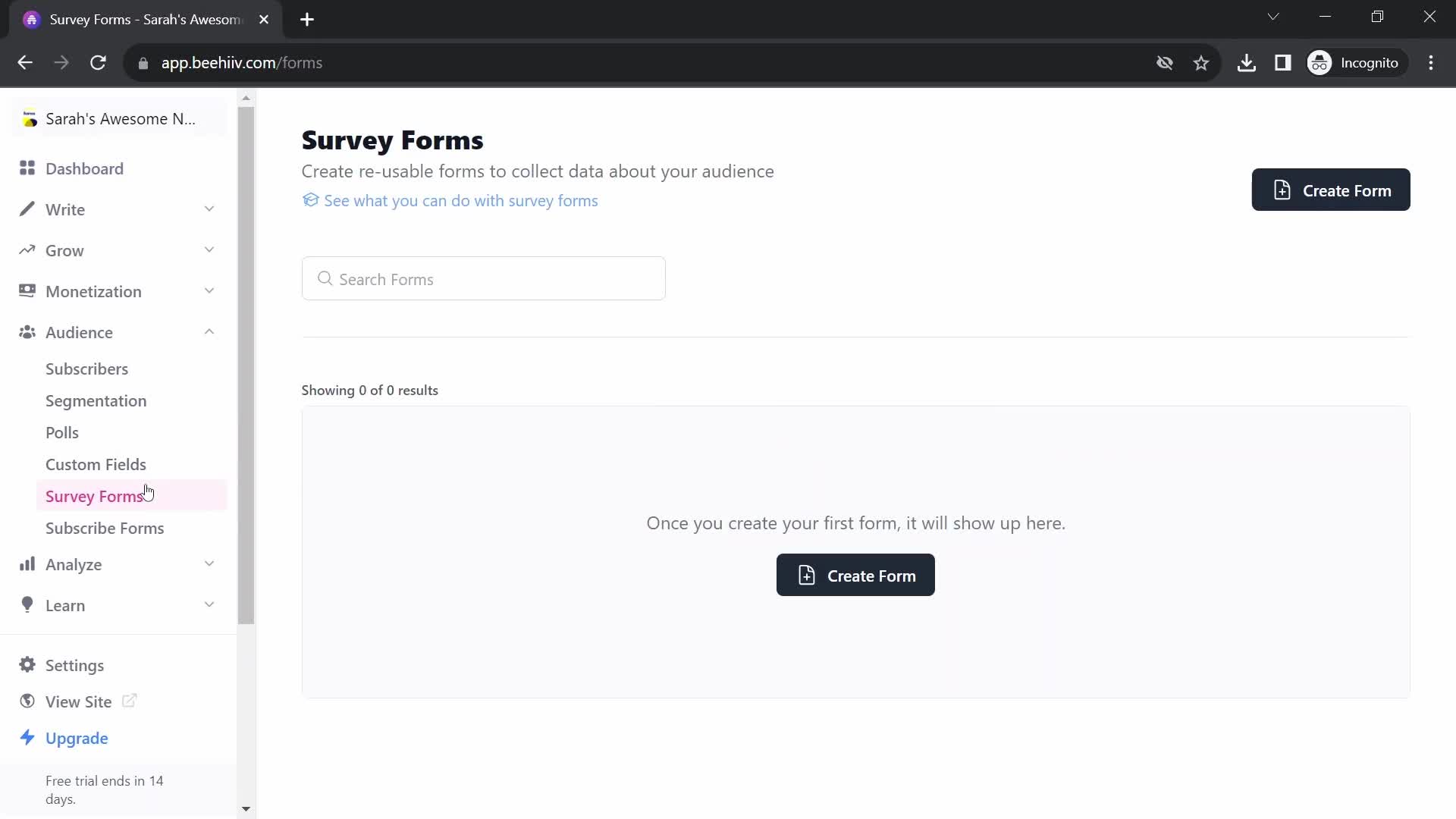 Screenshot of Forms on Creating a form on Beehiiv user flow