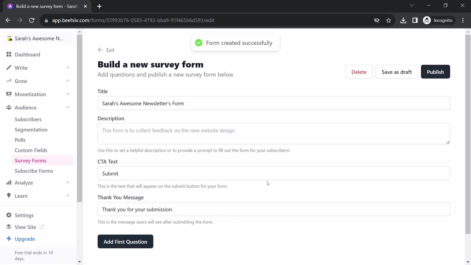 Screenshot of Create form on Creating a form on Beehiiv user flow