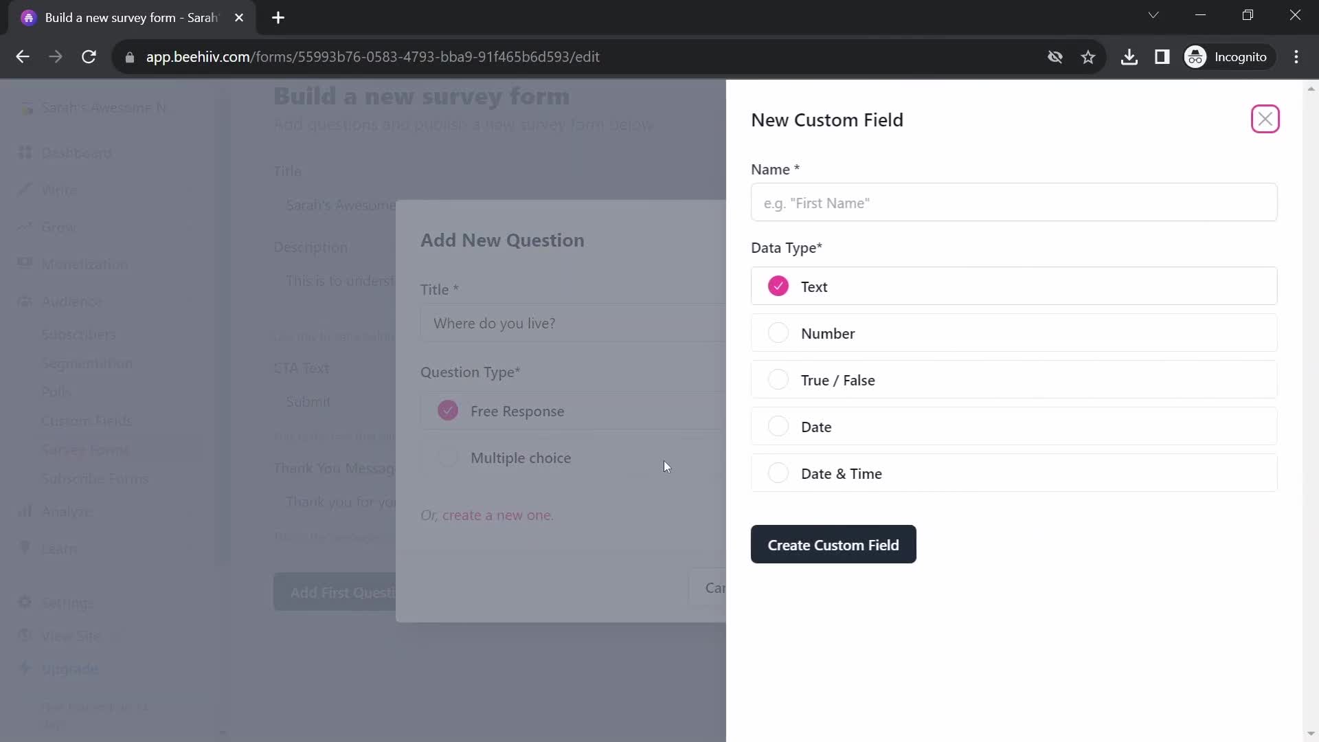 Creating a form screenshot