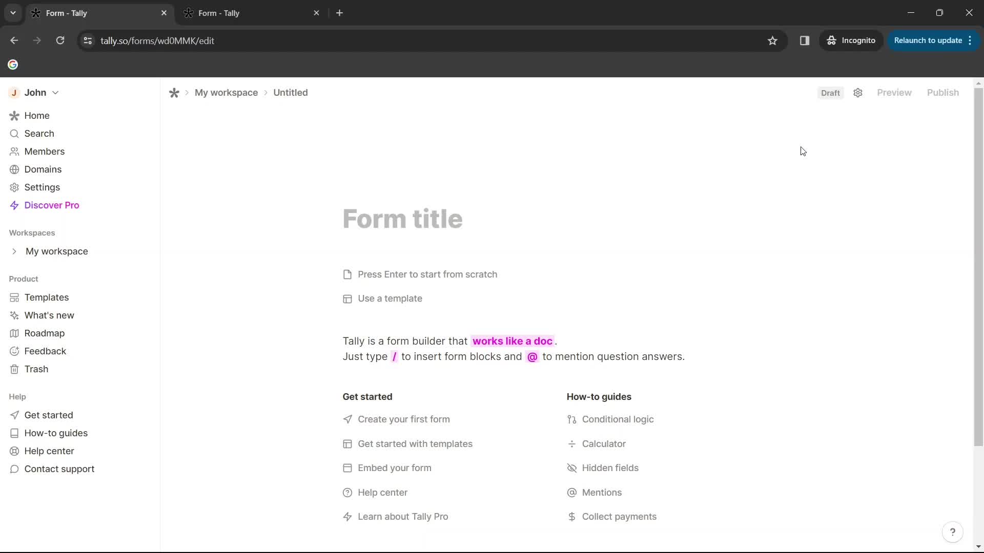 Screenshot of Form editor on Creating a form on Tally user flow
