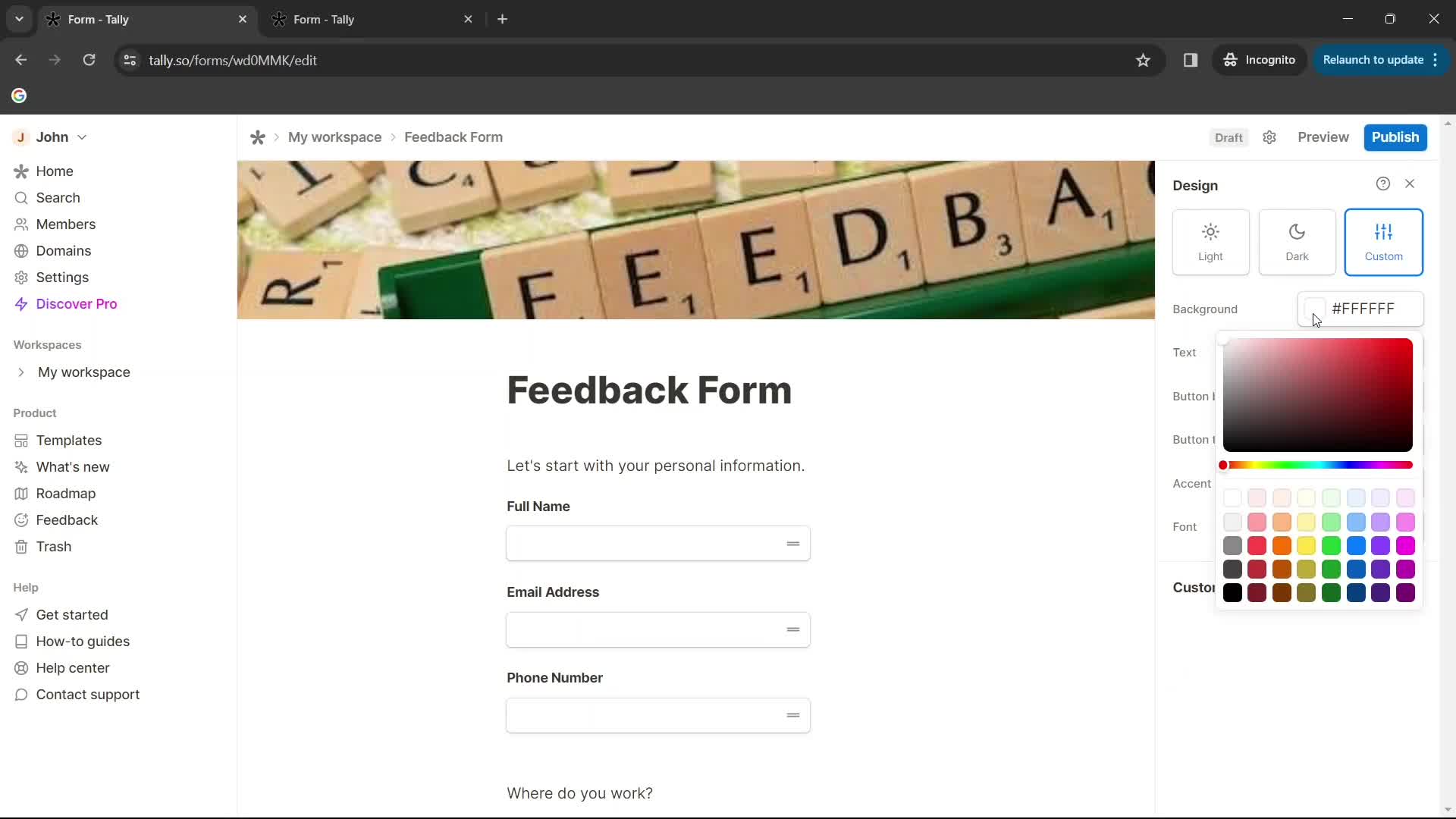 Creating a form screenshot