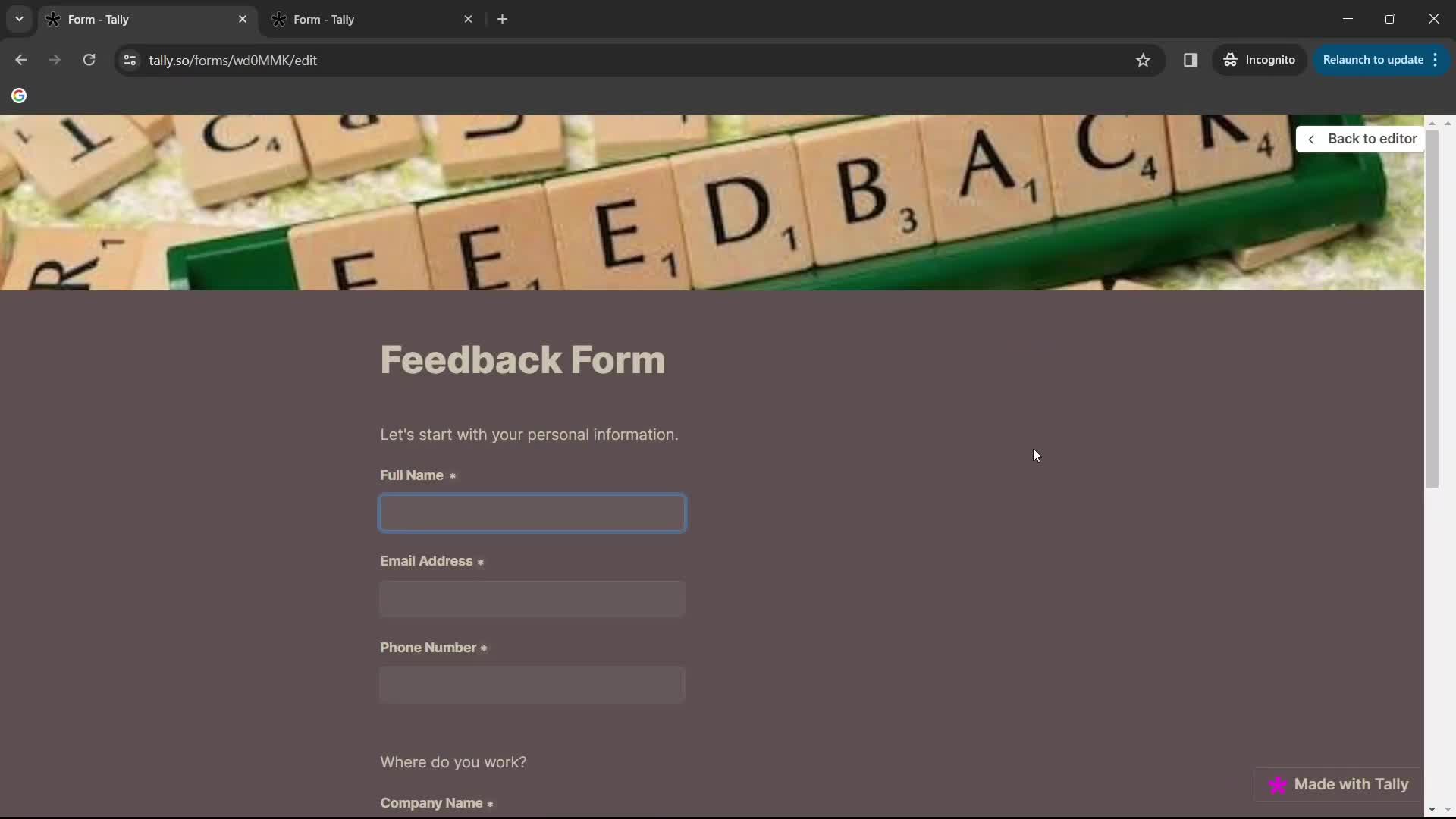 Creating a form screenshot