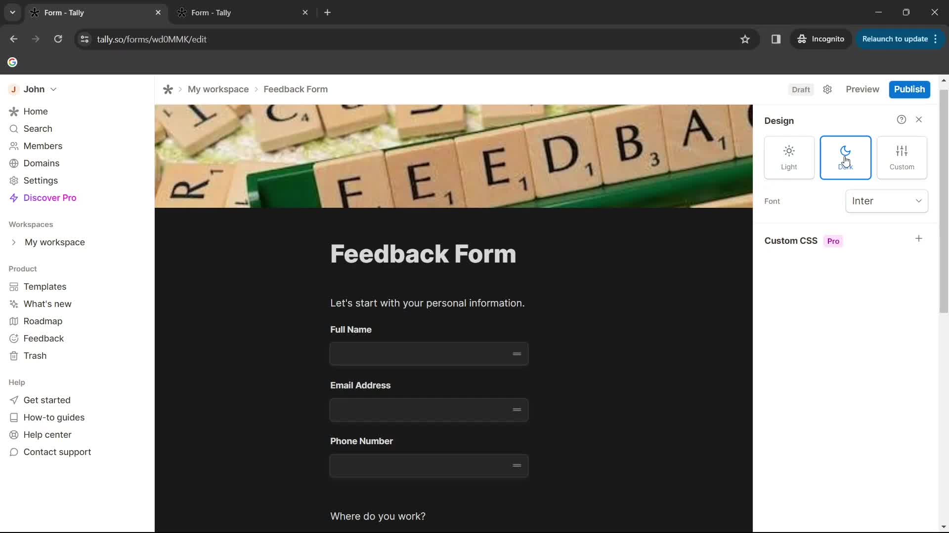 Creating a form screenshot