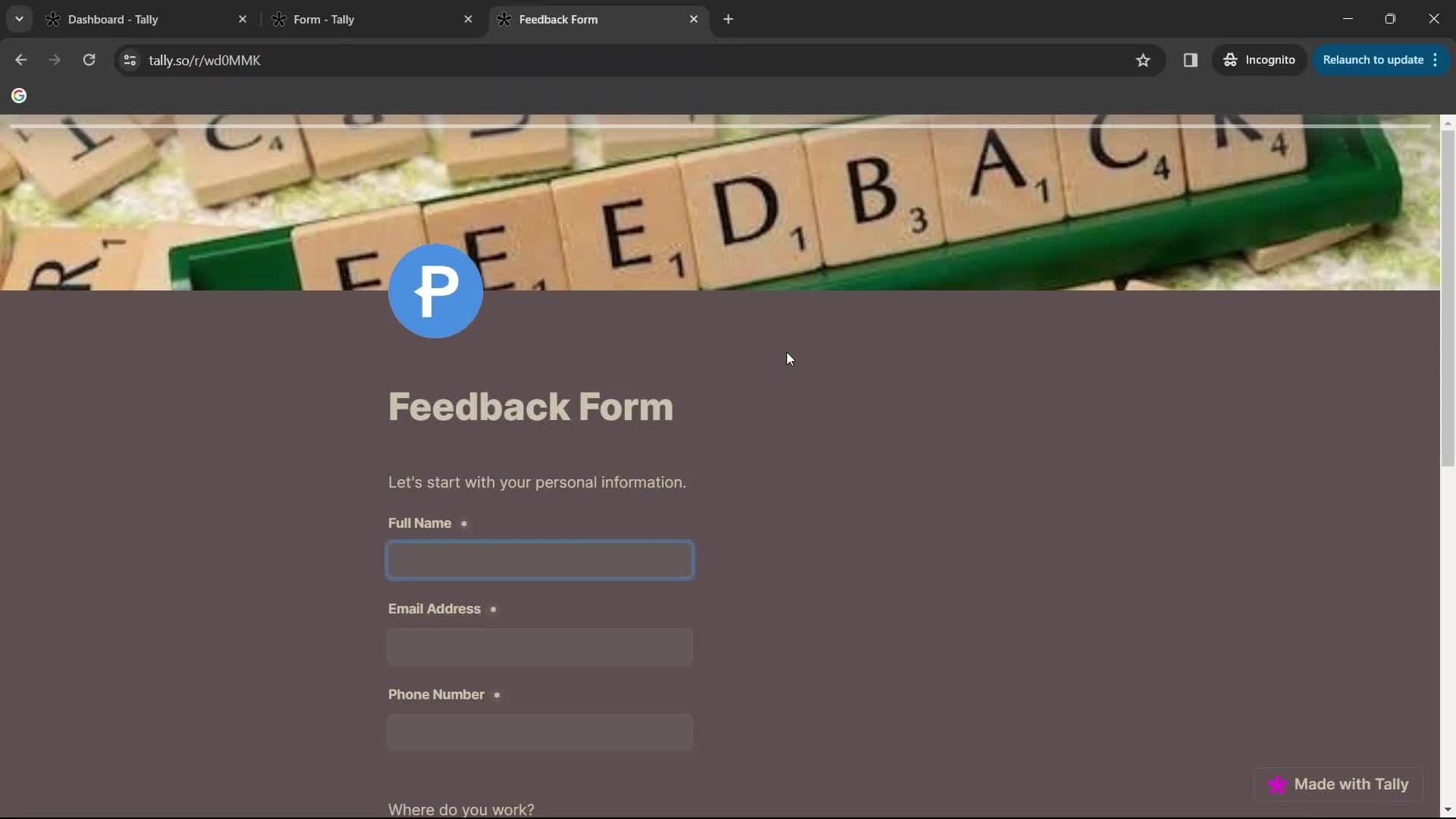 Creating a form screenshot