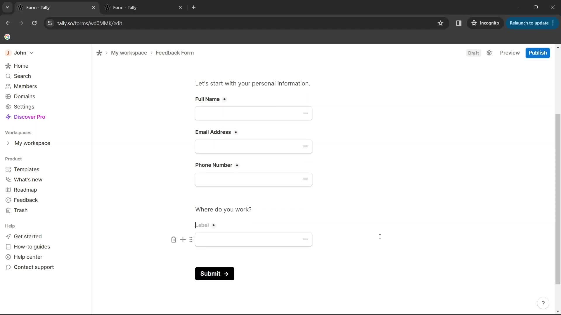 Creating a form screenshot