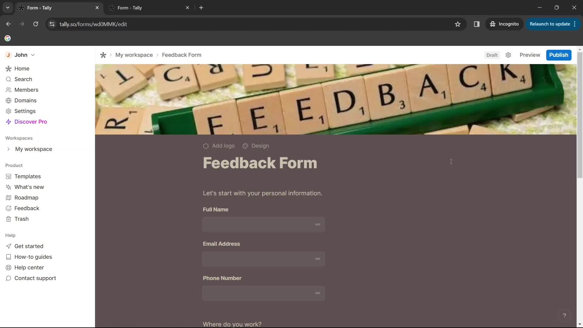 Creating a form screenshot