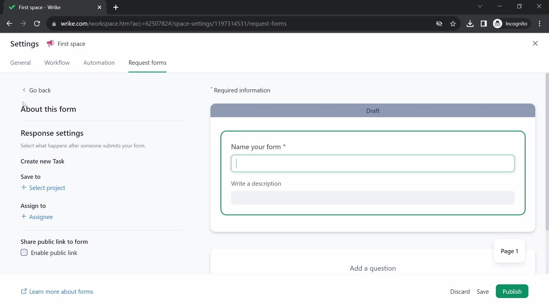 Screenshot of Create form on Creating a form on Wrike user flow