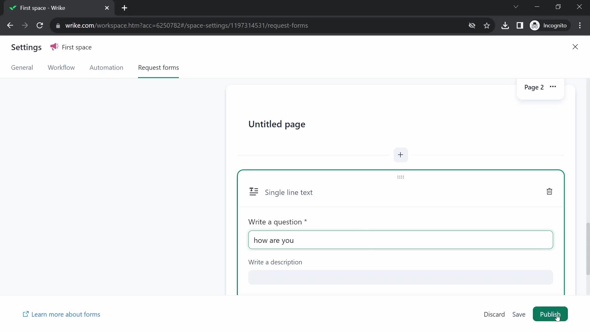 Screenshot of Publish on Creating a form on Wrike user flow
