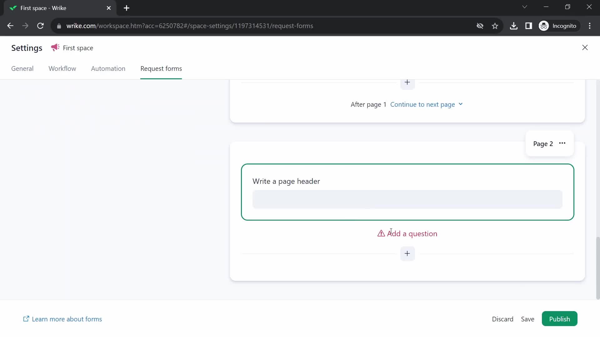 Screenshot of Submit error on Creating a form on Wrike user flow