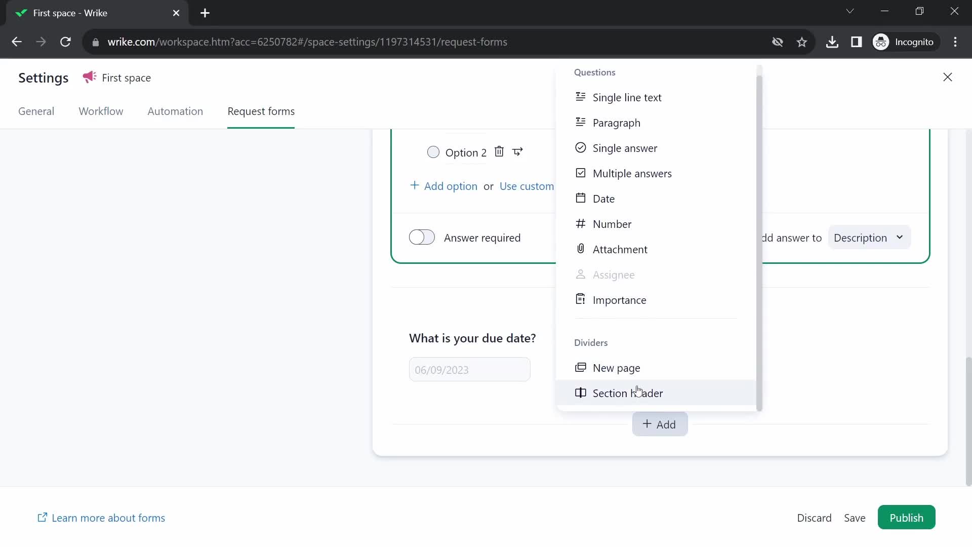Screenshot of Add section on Creating a form on Wrike user flow