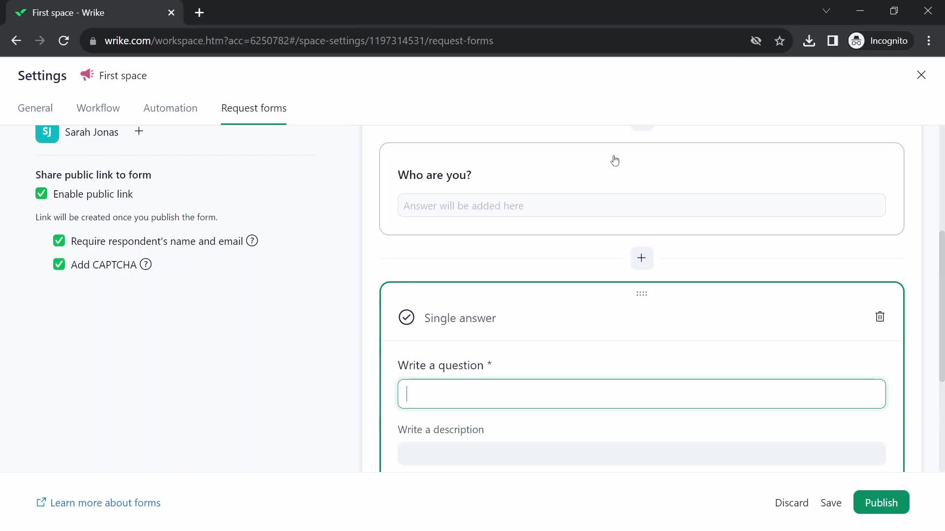 Screenshot of Add question on Creating a form on Wrike user flow