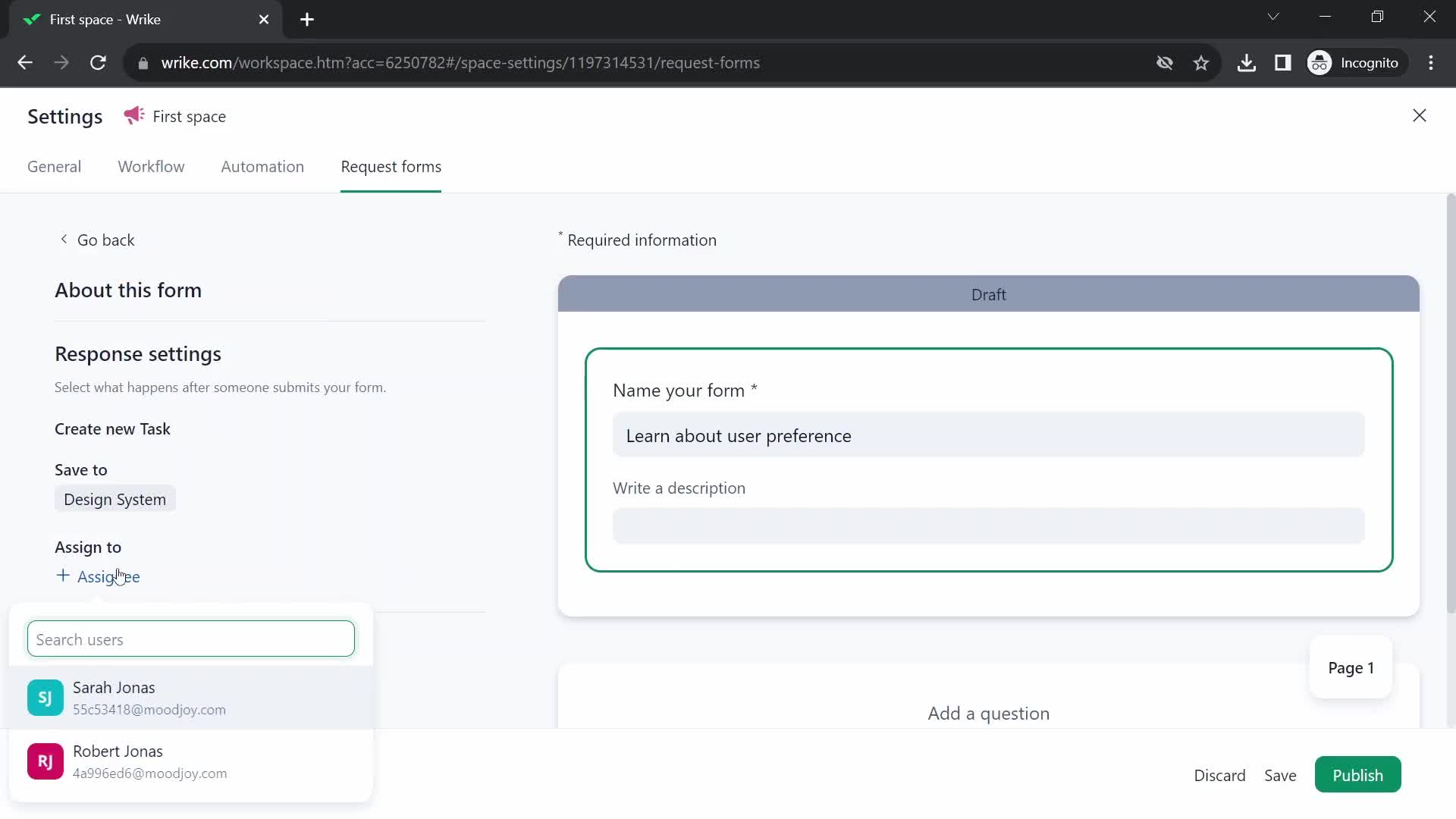 Screenshot of Assign on Creating a form on Wrike user flow
