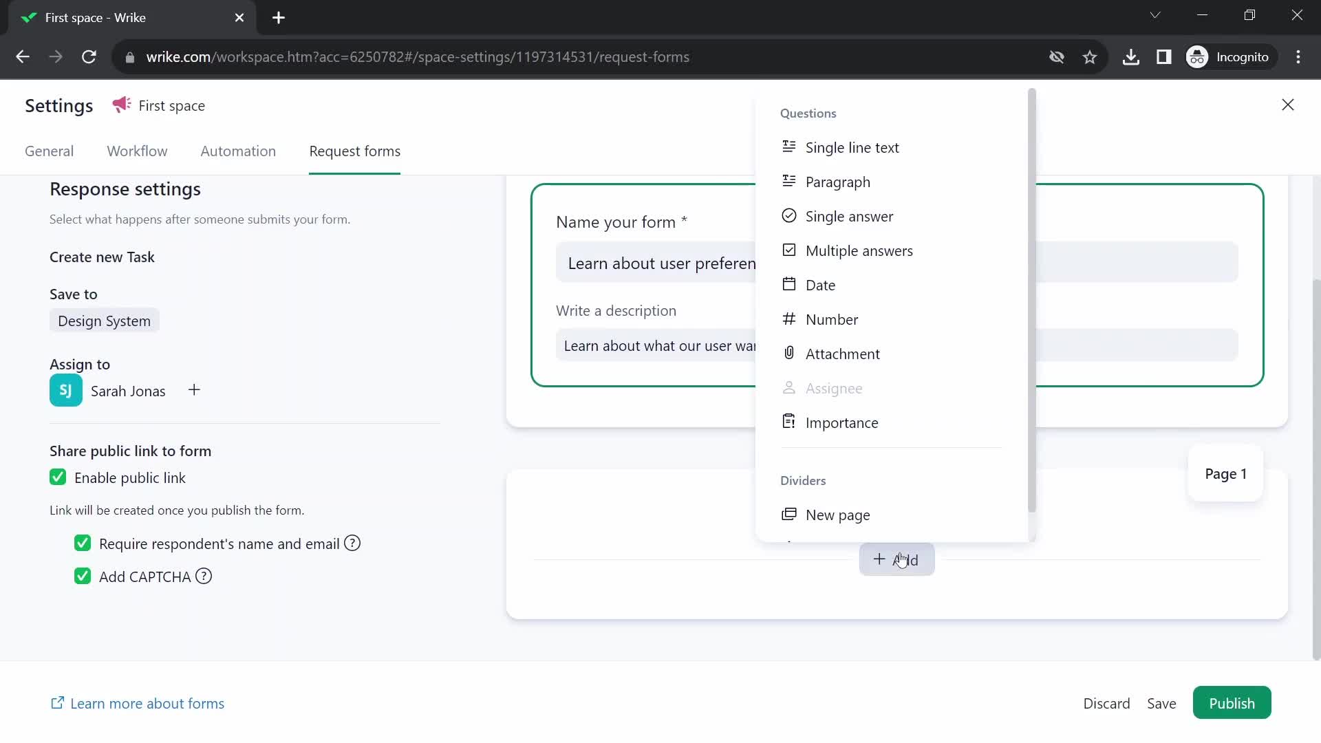 Screenshot of Add question on Creating a form on Wrike user flow