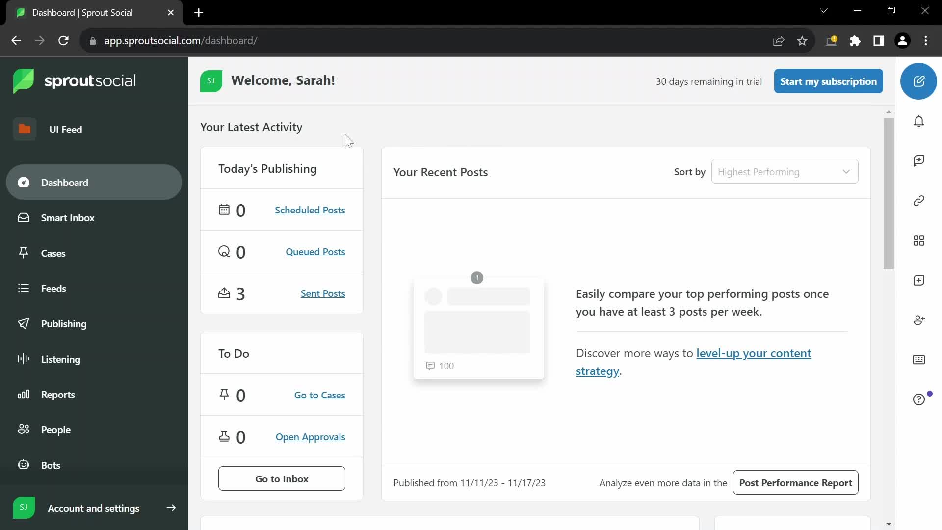 Screenshot of Dashboard on Creating a group on Sprout Social user flow