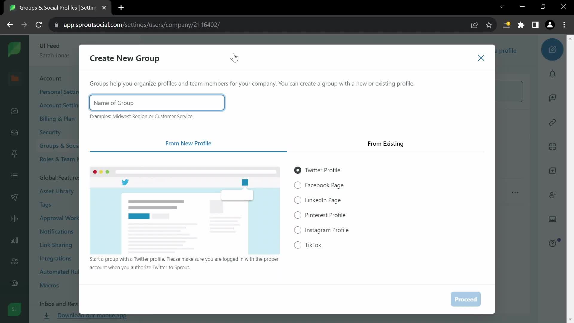 Screenshot of Create group on Creating a group on Sprout Social user flow