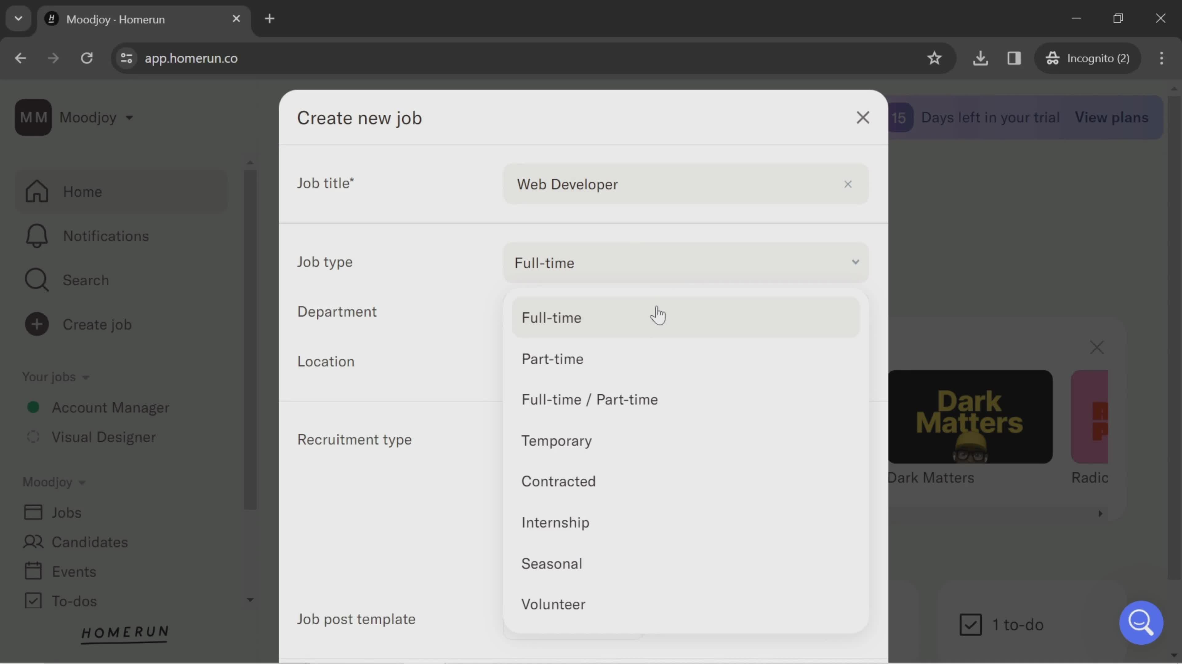 Creating a job post screenshot