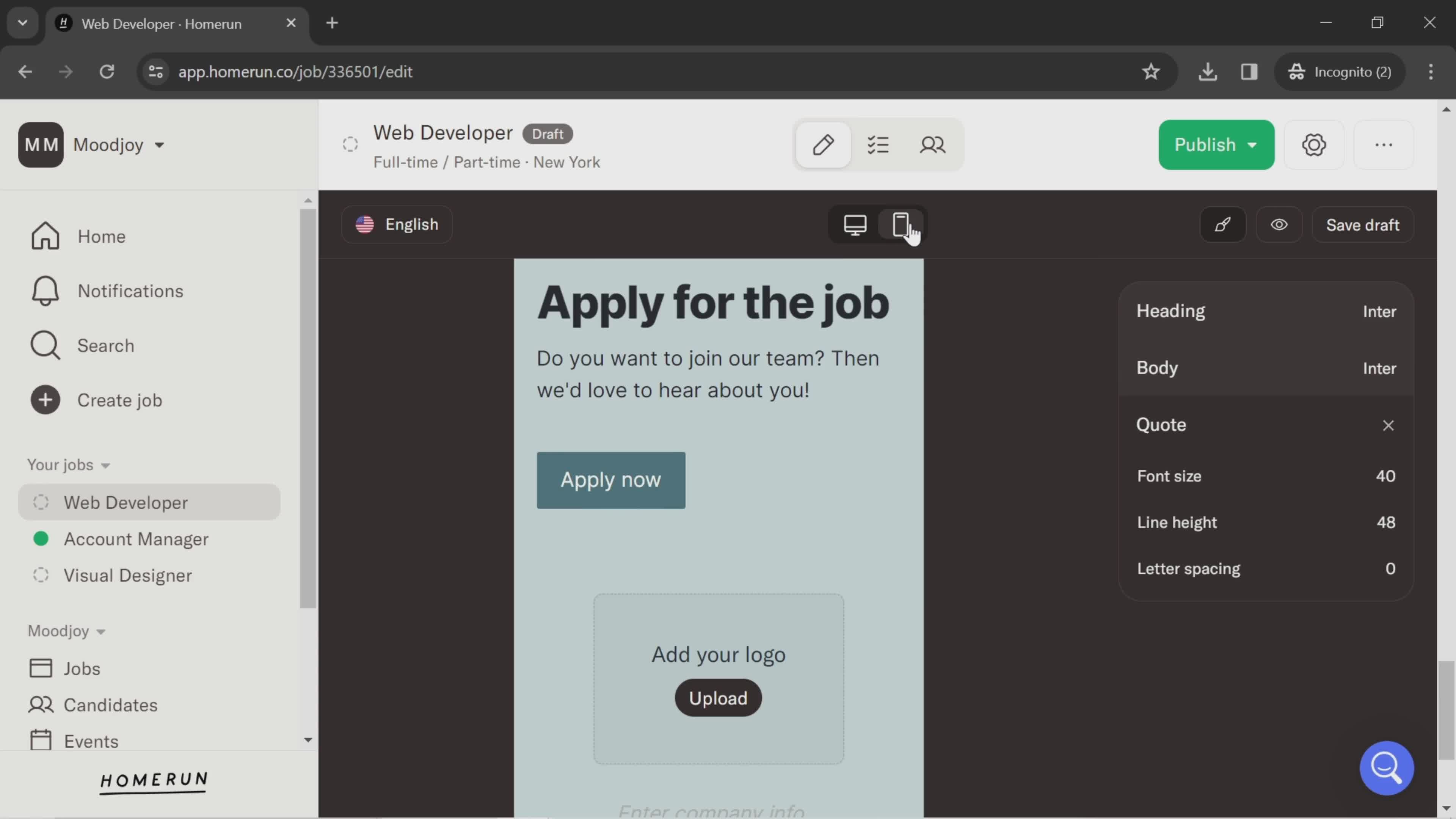 Creating a job post screenshot