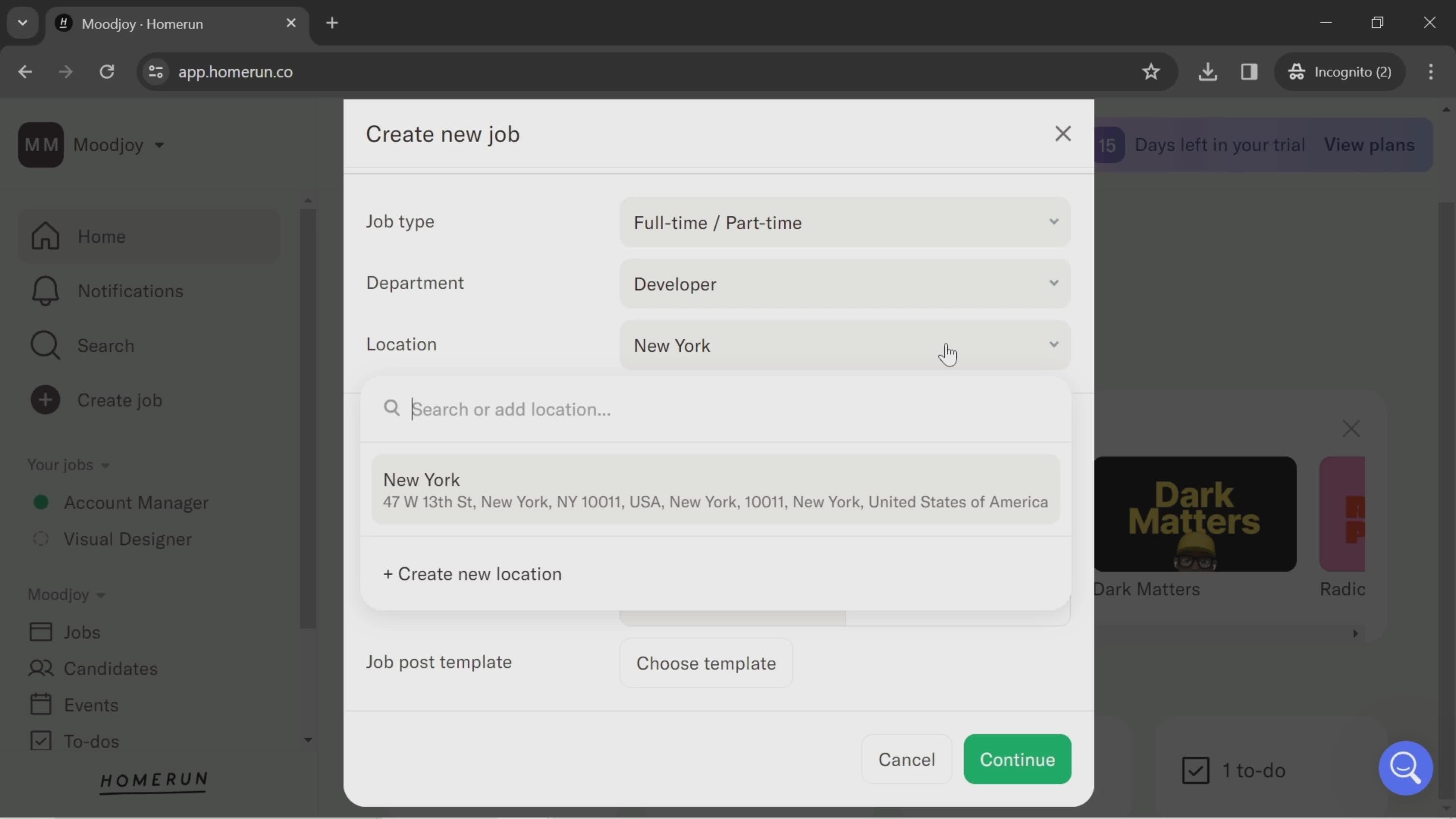 Creating a job post screenshot