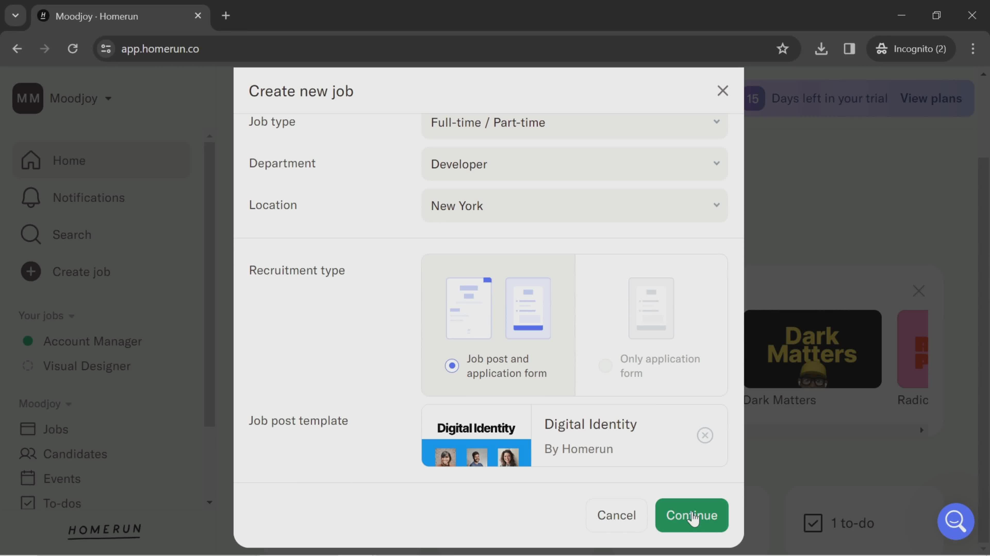 Creating a job post screenshot