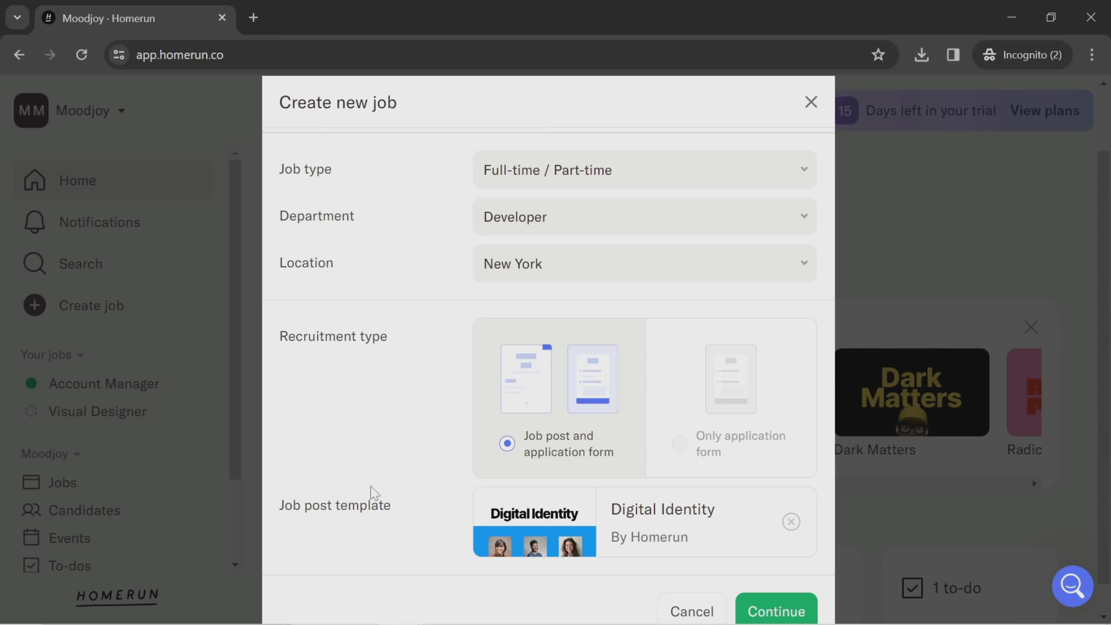 Creating a job post screenshot