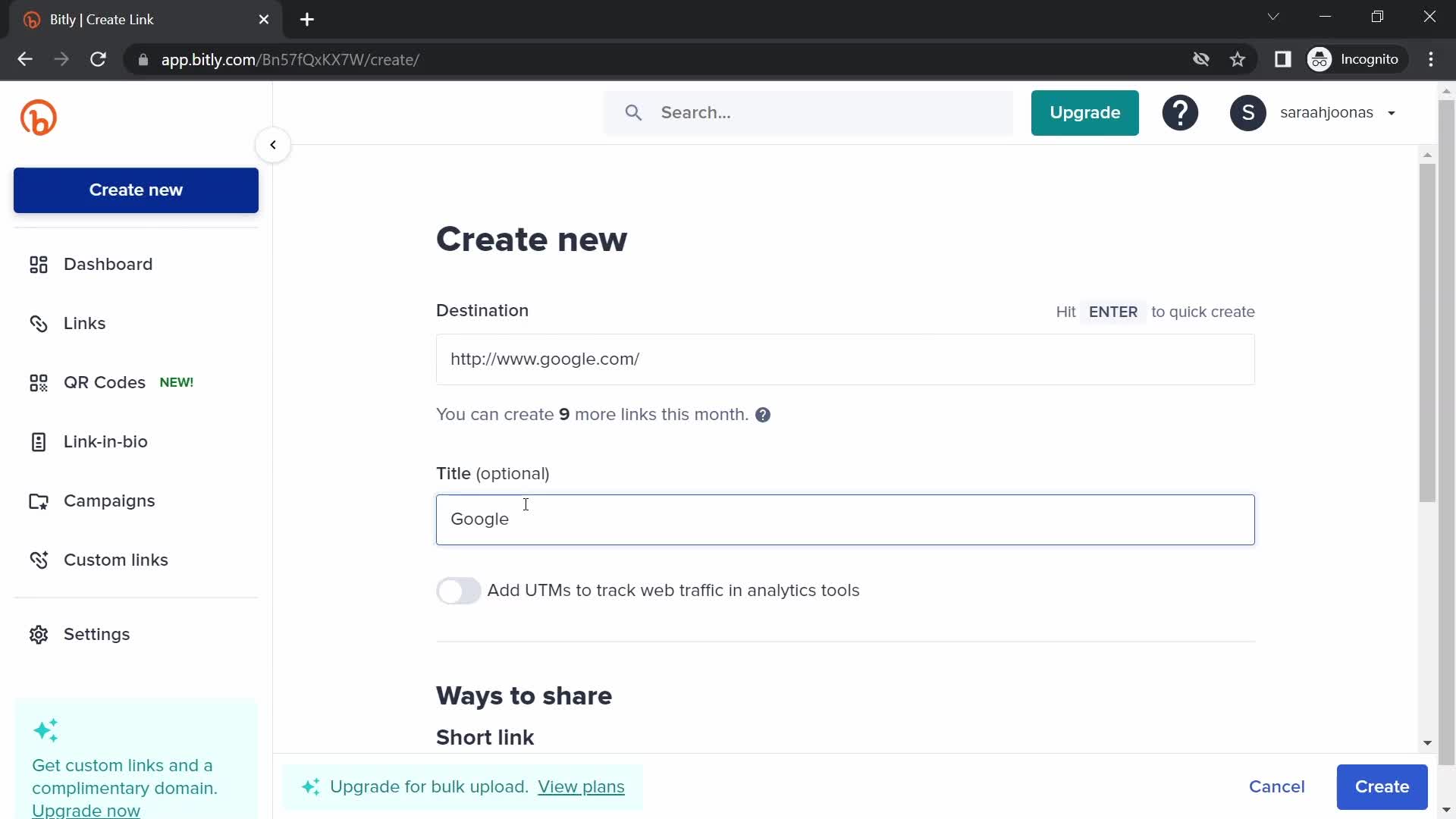 Screenshot of Create link on Creating a shortlink on Bitly user flow