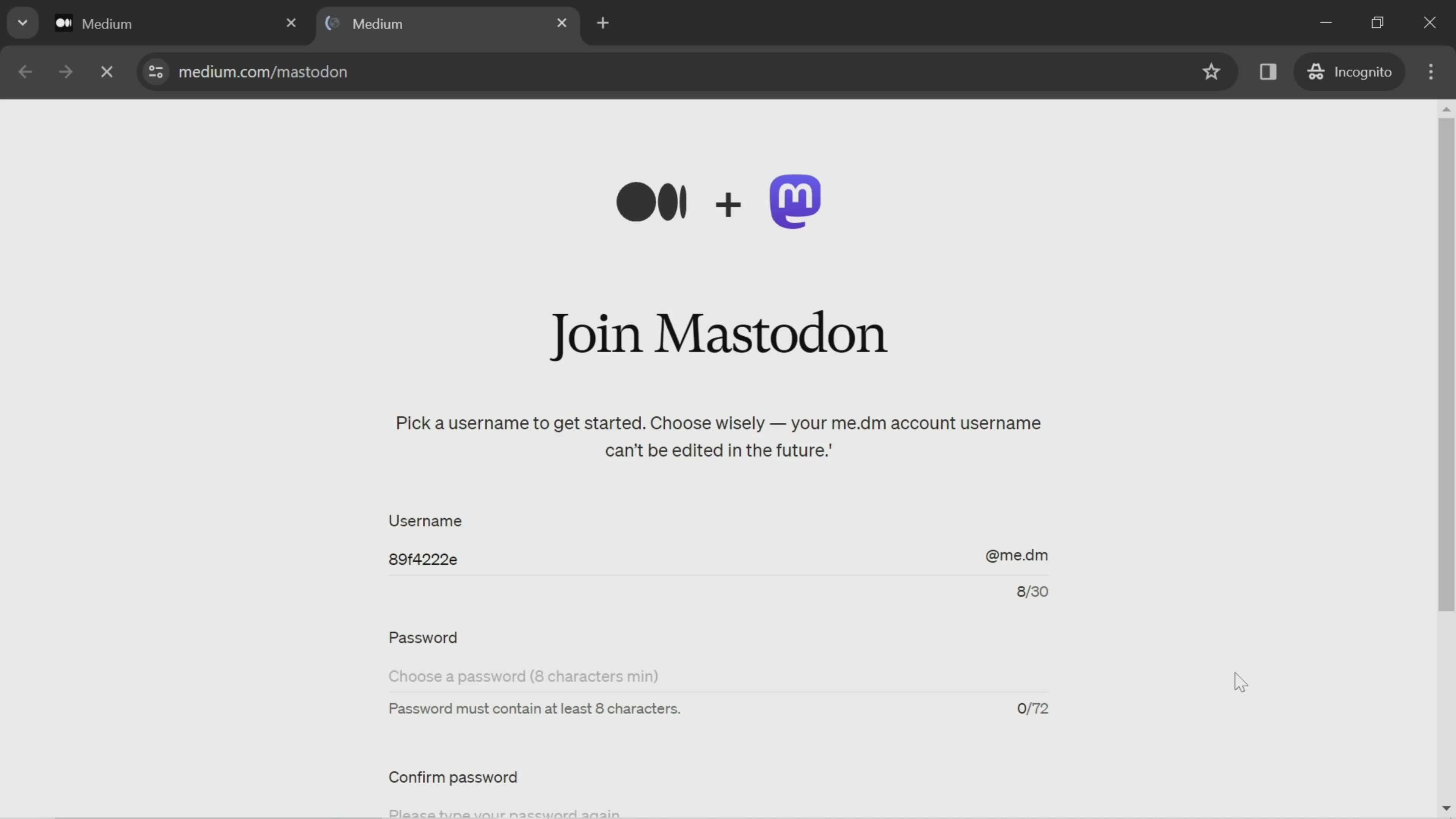 Creating a mastodon account screenshot