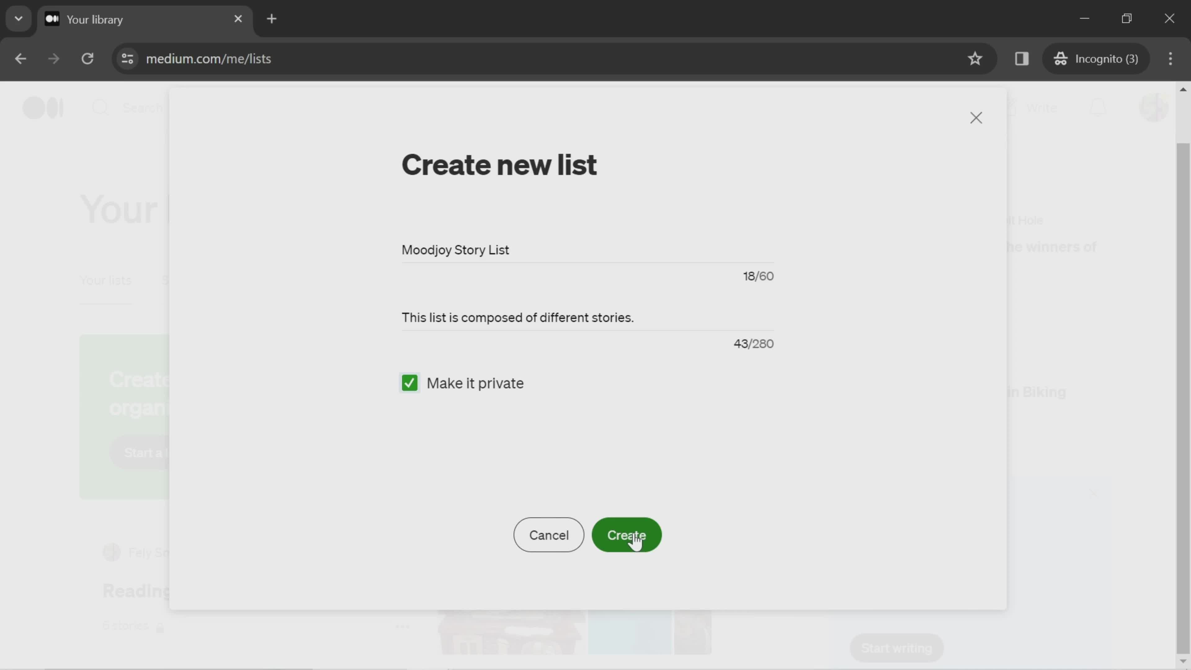 Creating a list screenshot