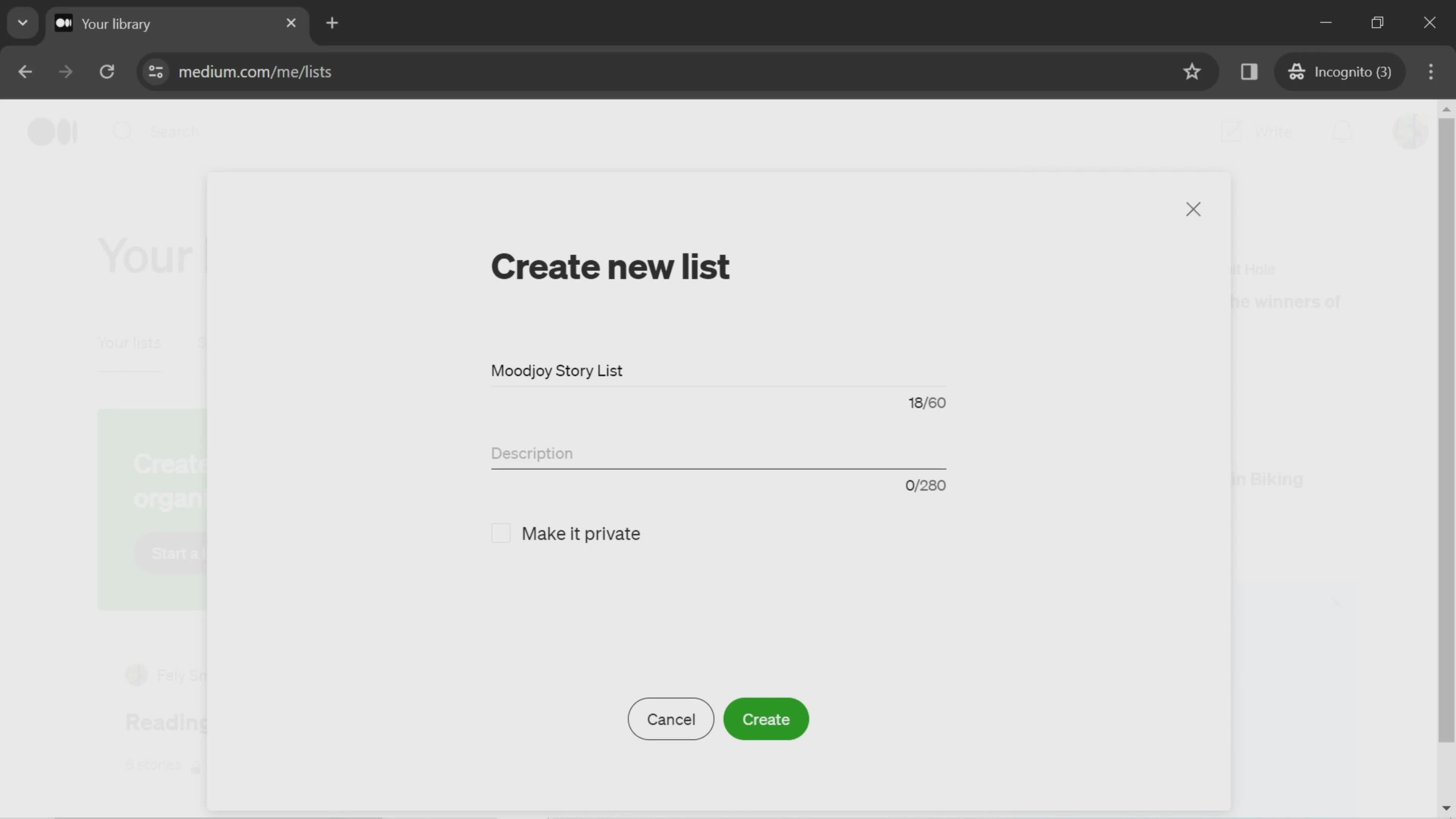 Creating a list screenshot