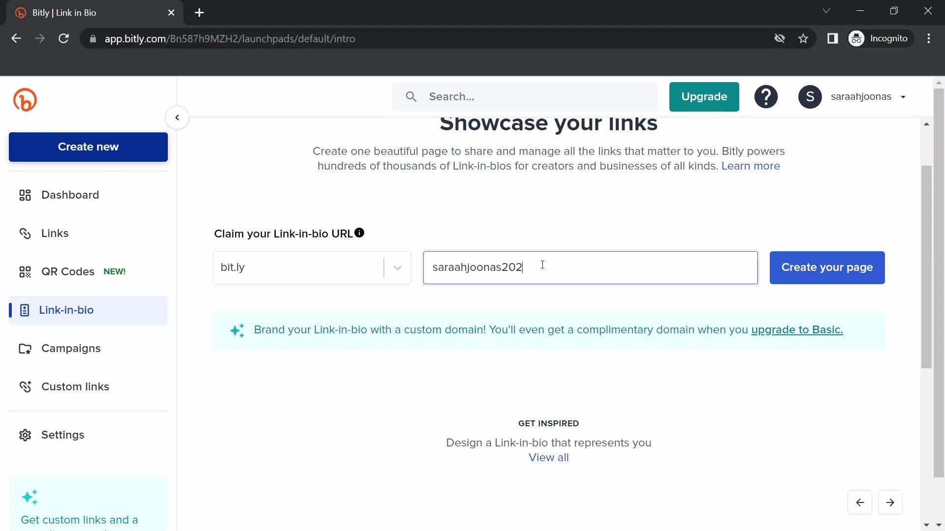 Screenshot of Create page on Creating a page on Bitly user flow
