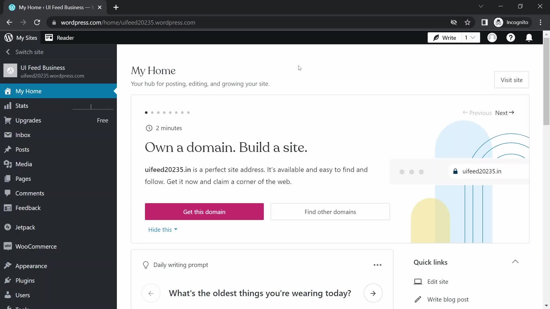 Screenshot of Dashboard on Creating a page on WordPress user flow