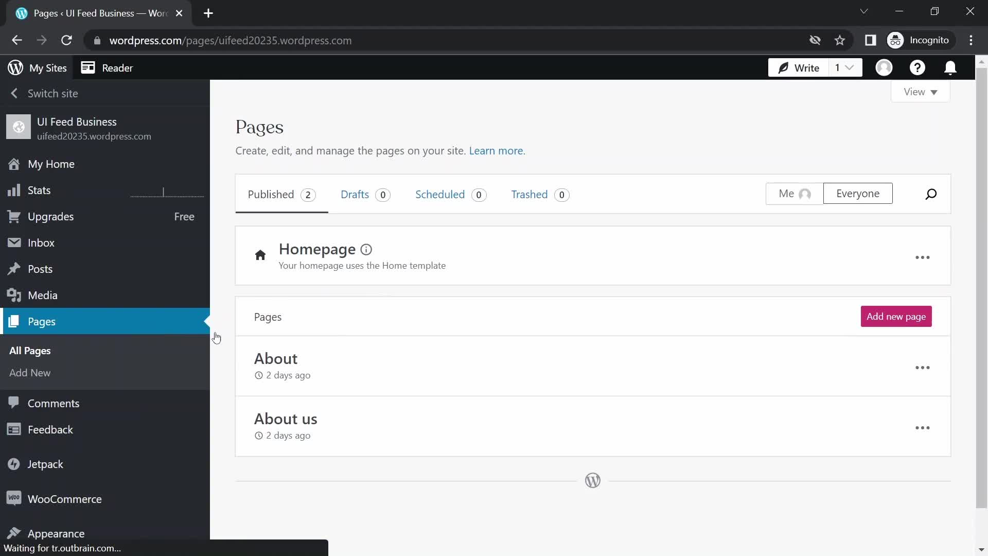 Screenshot of Pages on Creating a page on WordPress user flow