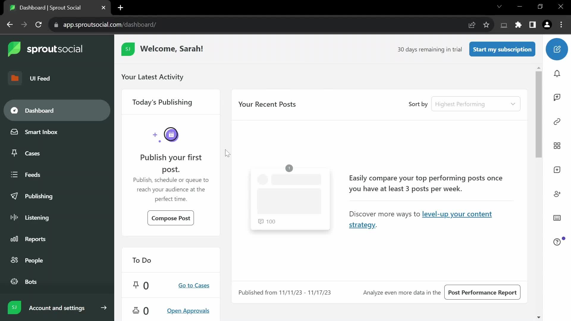 Screenshot of Dashboard on Creating a post on Sprout Social user flow