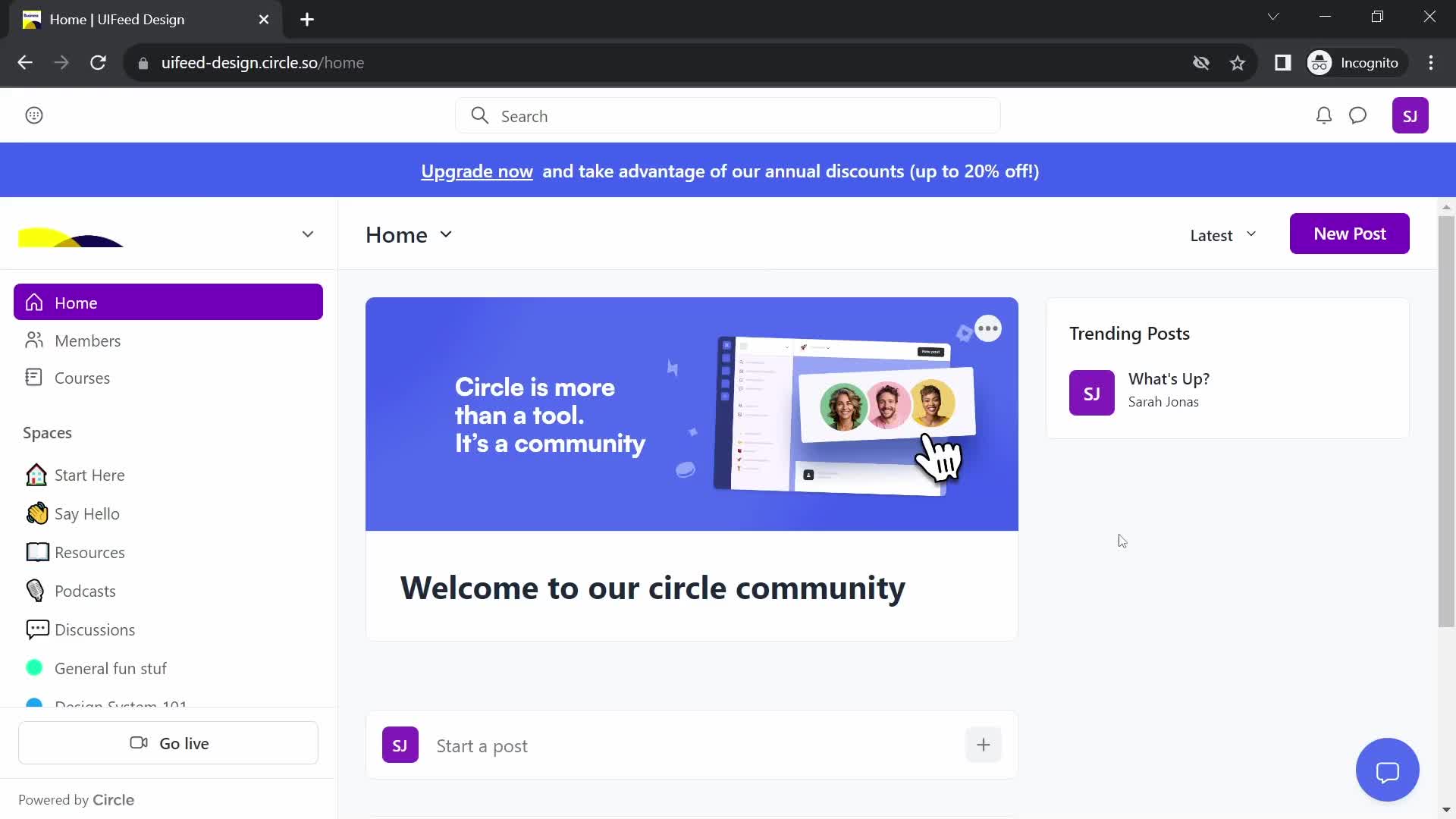 Screenshot of Home on Creating a post on Circle user flow