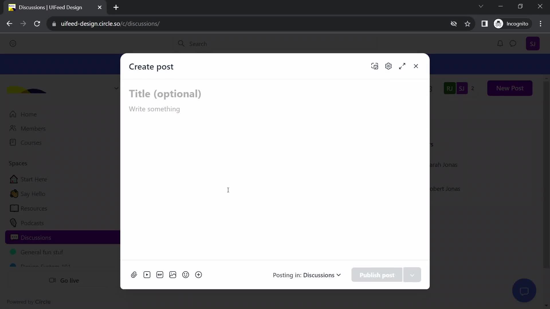 Screenshot of Create post on Creating a post on Circle user flow