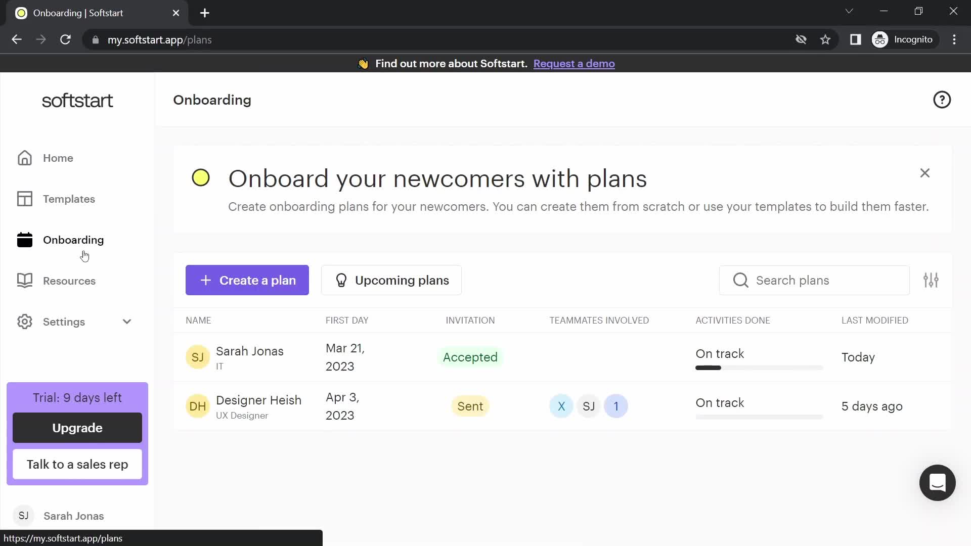 Screenshot of Dashboard on Creating a process on Softstart user flow