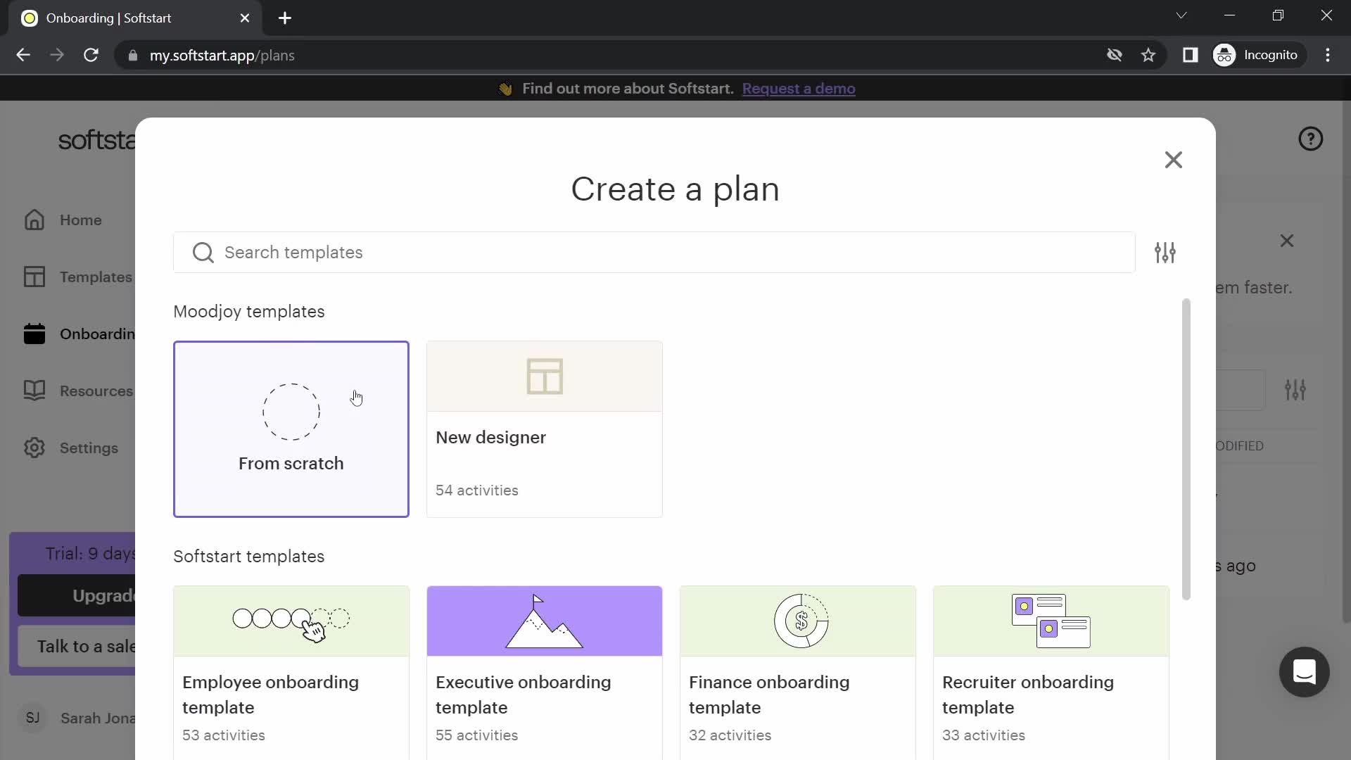 Screenshot of Create plan on Creating a process on Softstart user flow