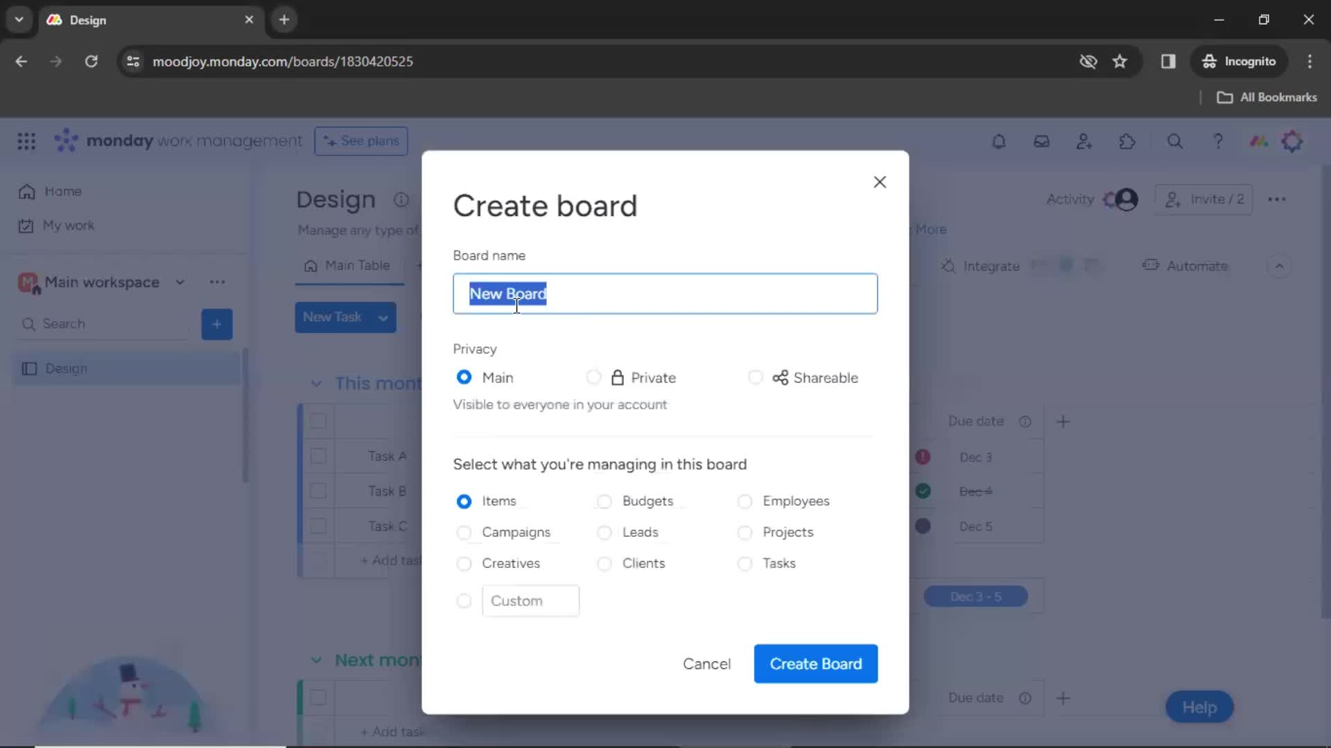 Screenshot of Create board on Creating a project on Monday user flow