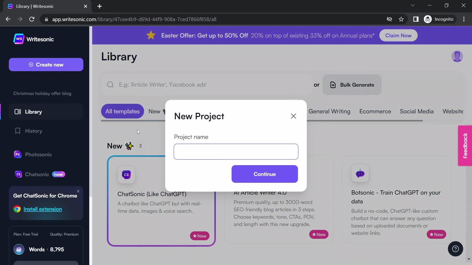 Screenshot of Create project on Creating a project on Writesonic user flow