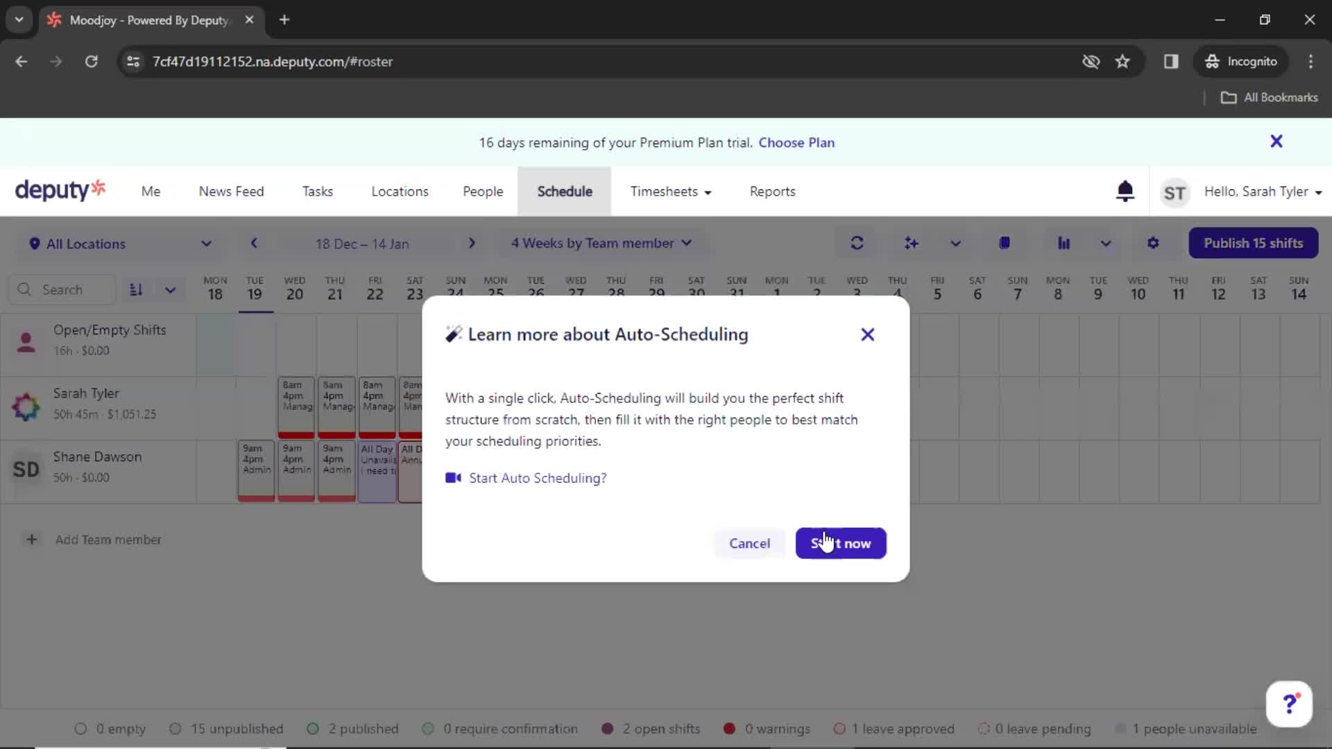 Creating a schedule screenshot