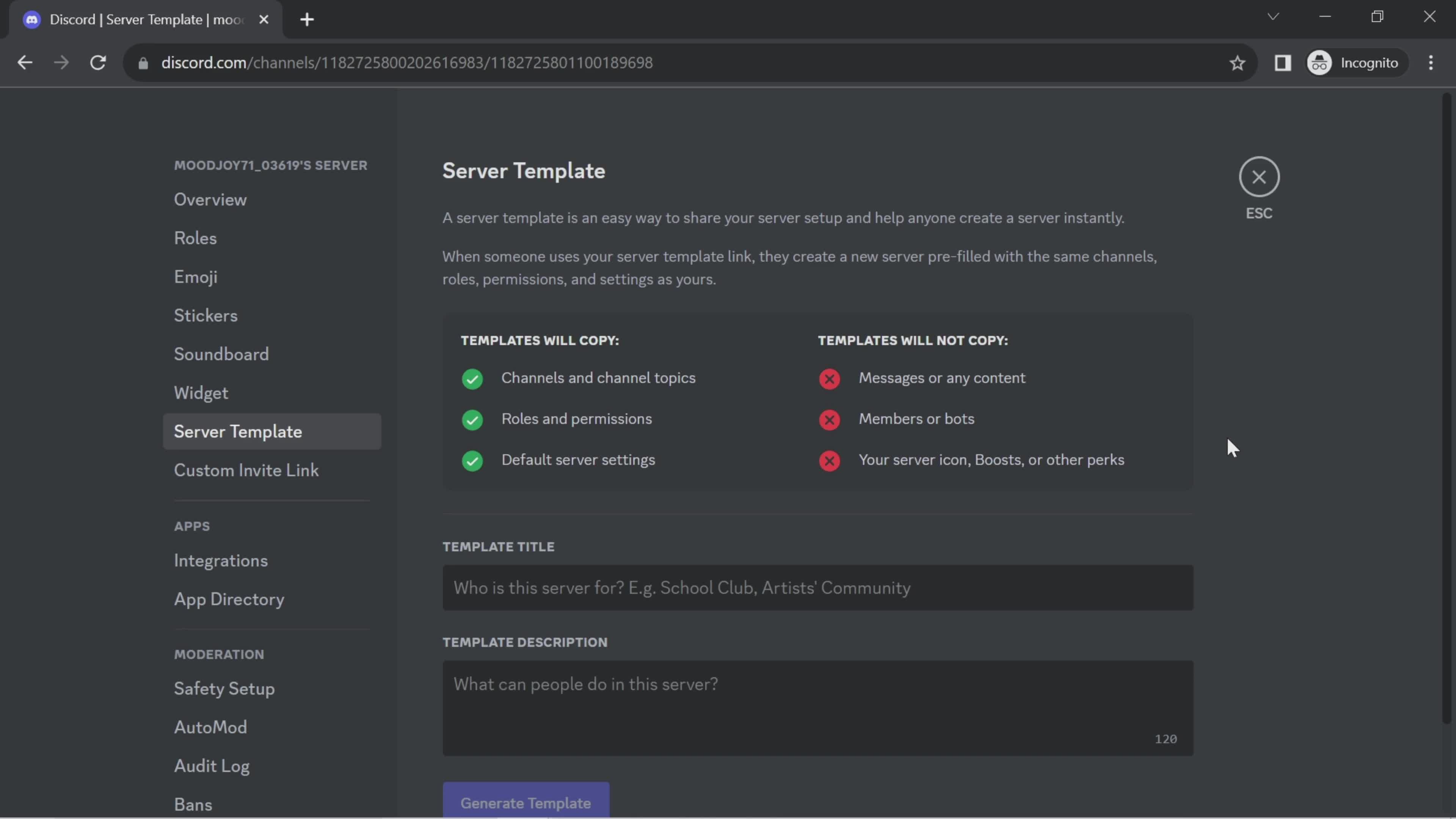 Creating a server template screenshot