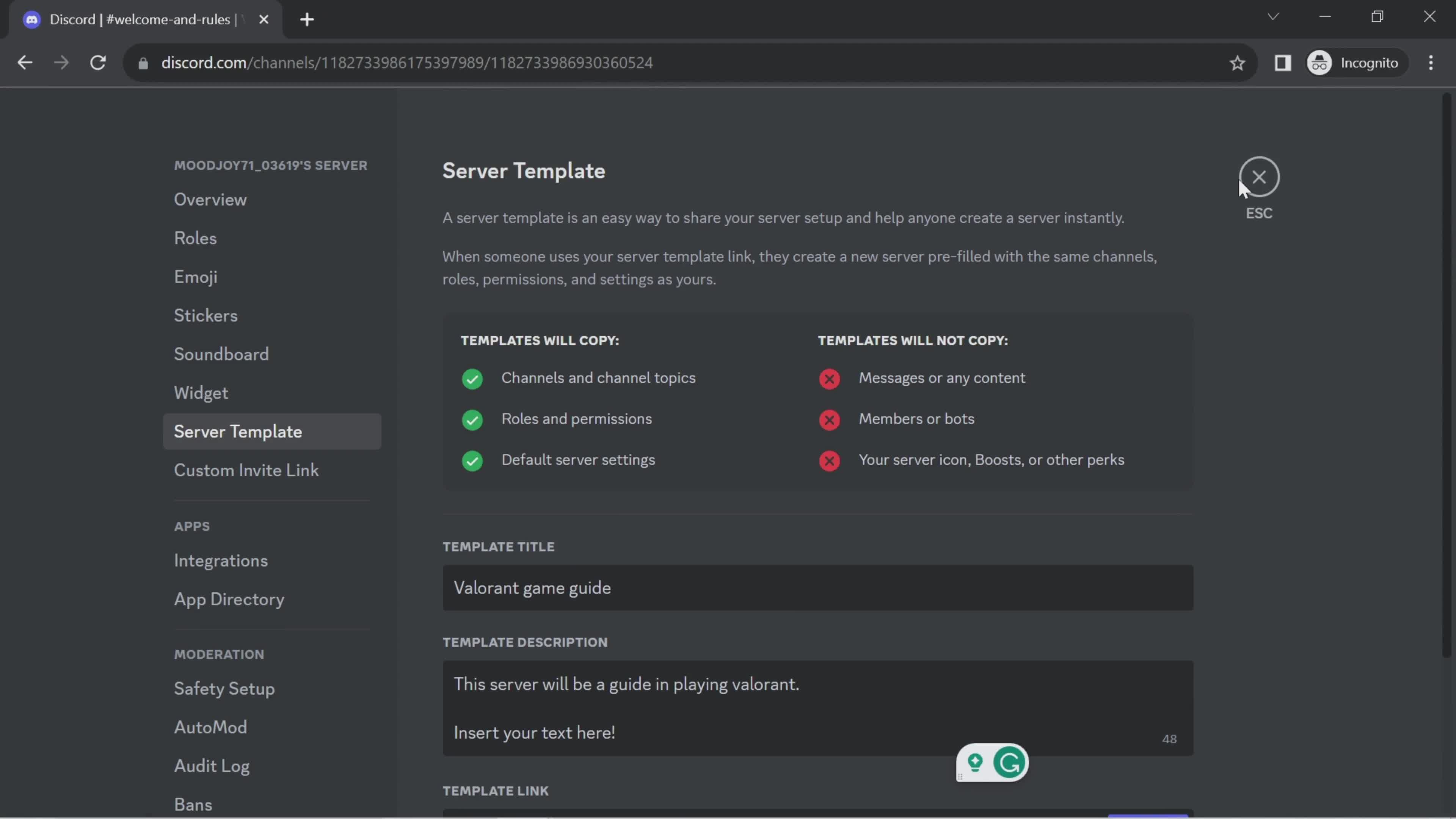 Creating a server template screenshot