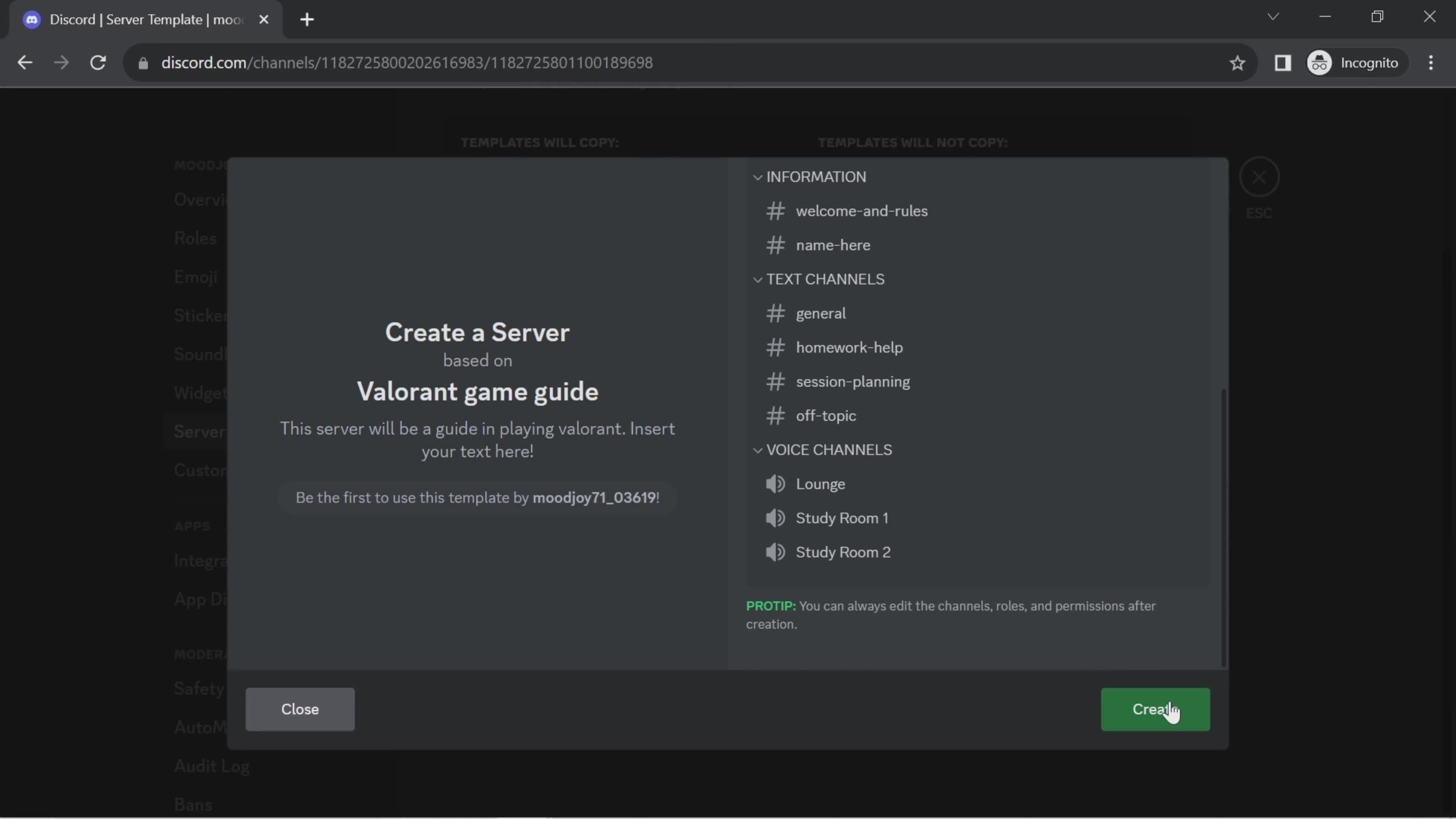 Creating a server template screenshot